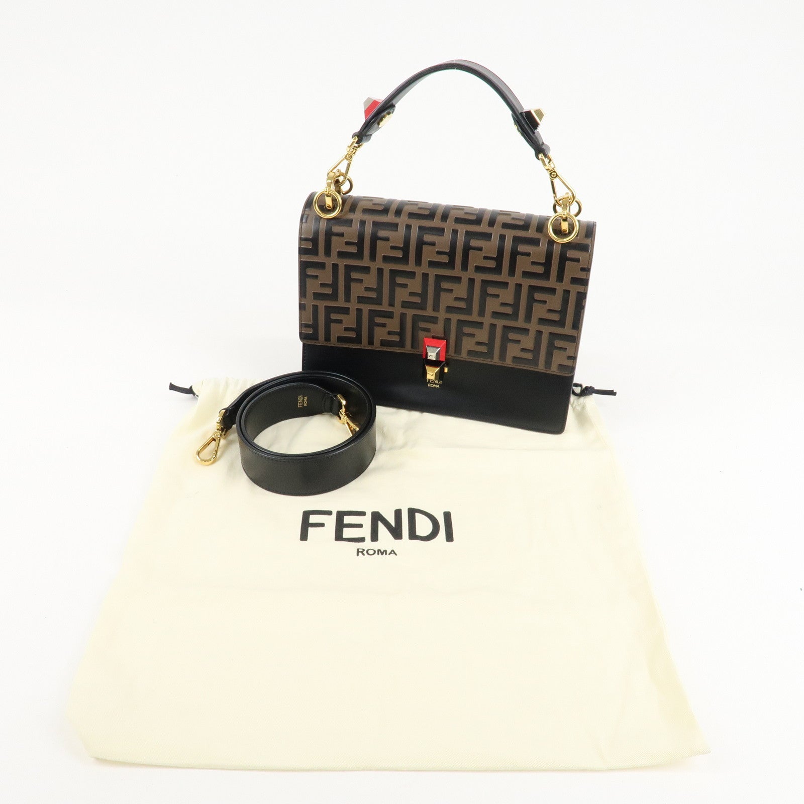 FENDI Zucca KAN I Leather 2Way Bag Hand Bag Brown Black 8BT283