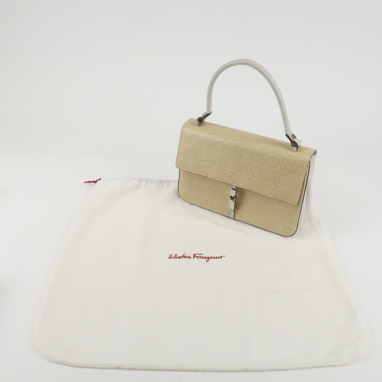 Ferragamo Gancini Pattern Leather Hand Bag Ivory Used