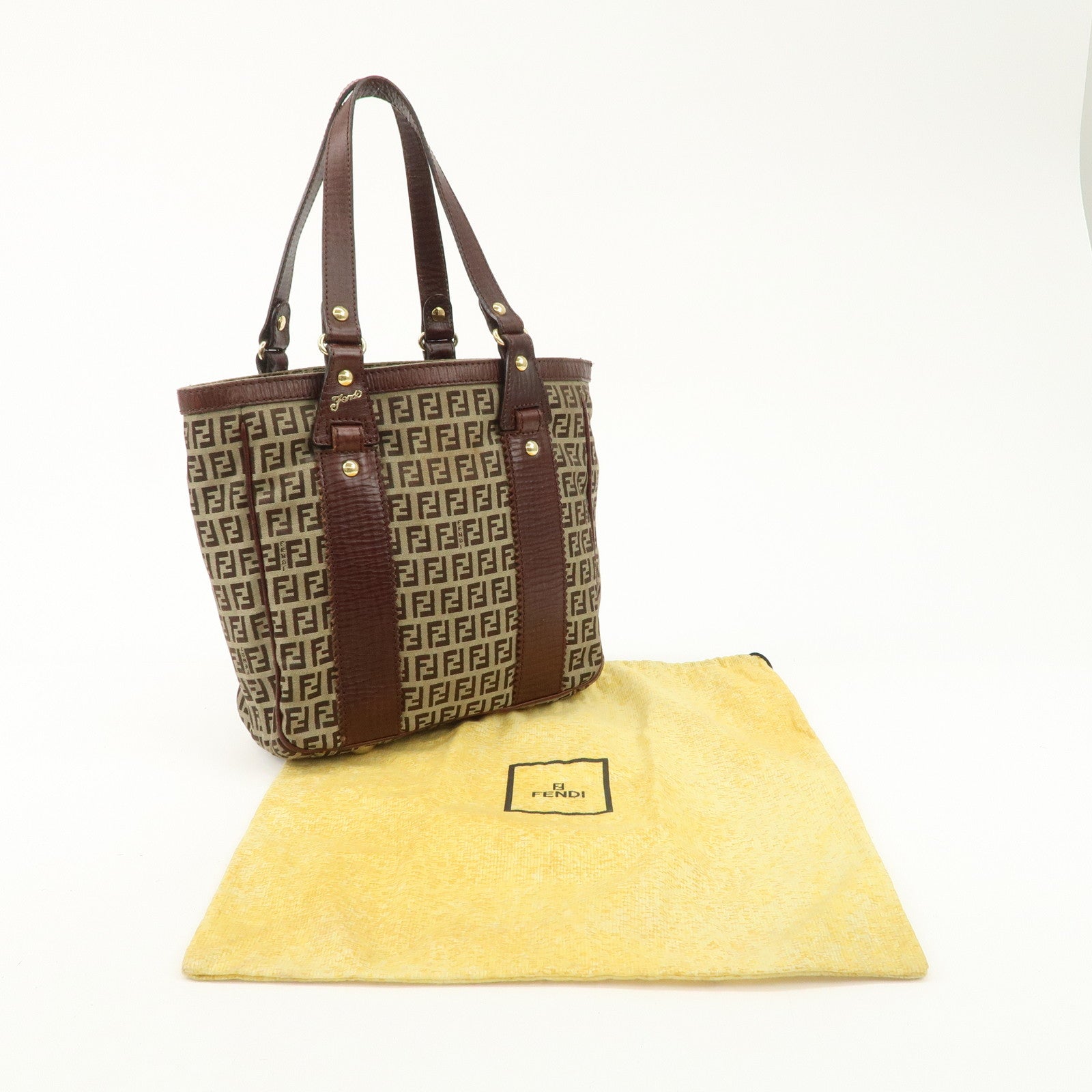 FENDI Zucchino Canvas Leather Tote Bag Khaki Brown 8BH161 Used