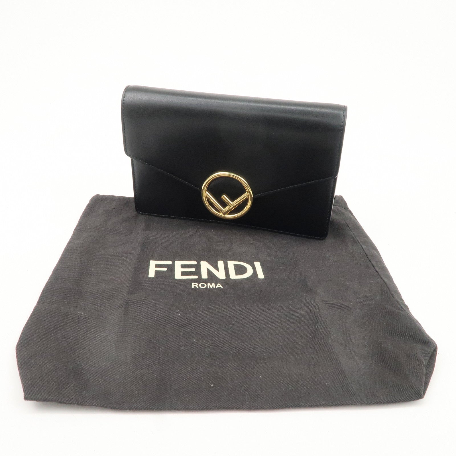 FENDI F is FENDI Leather Chain Wallet Clutch Bag Black 8BS006