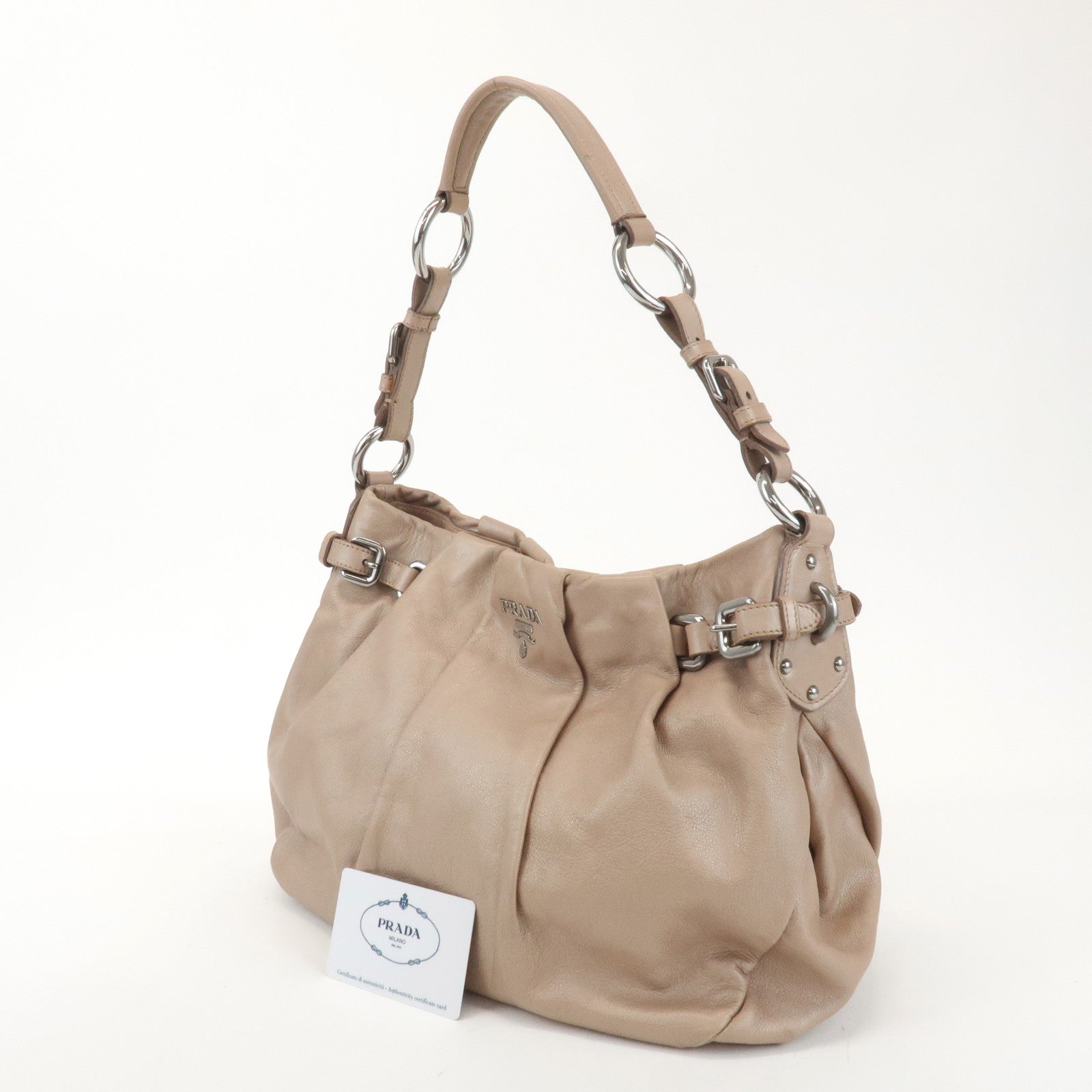 PRADA Leather Shoulder Bag Hand Bag Champaign Beige BR3975