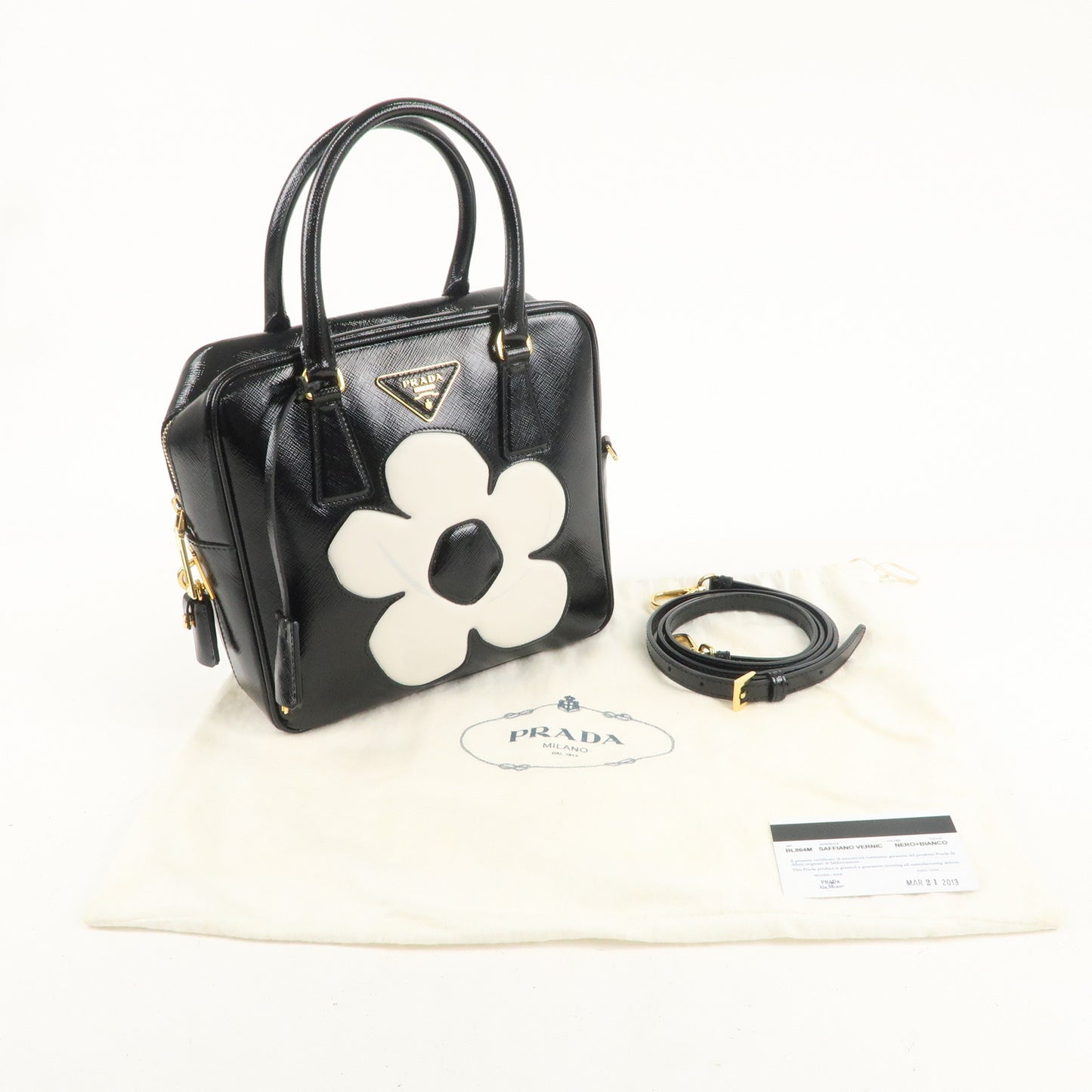 PRADA Saffiano Vernis Leather Flower 2Way Shoulder Hand Bag Black