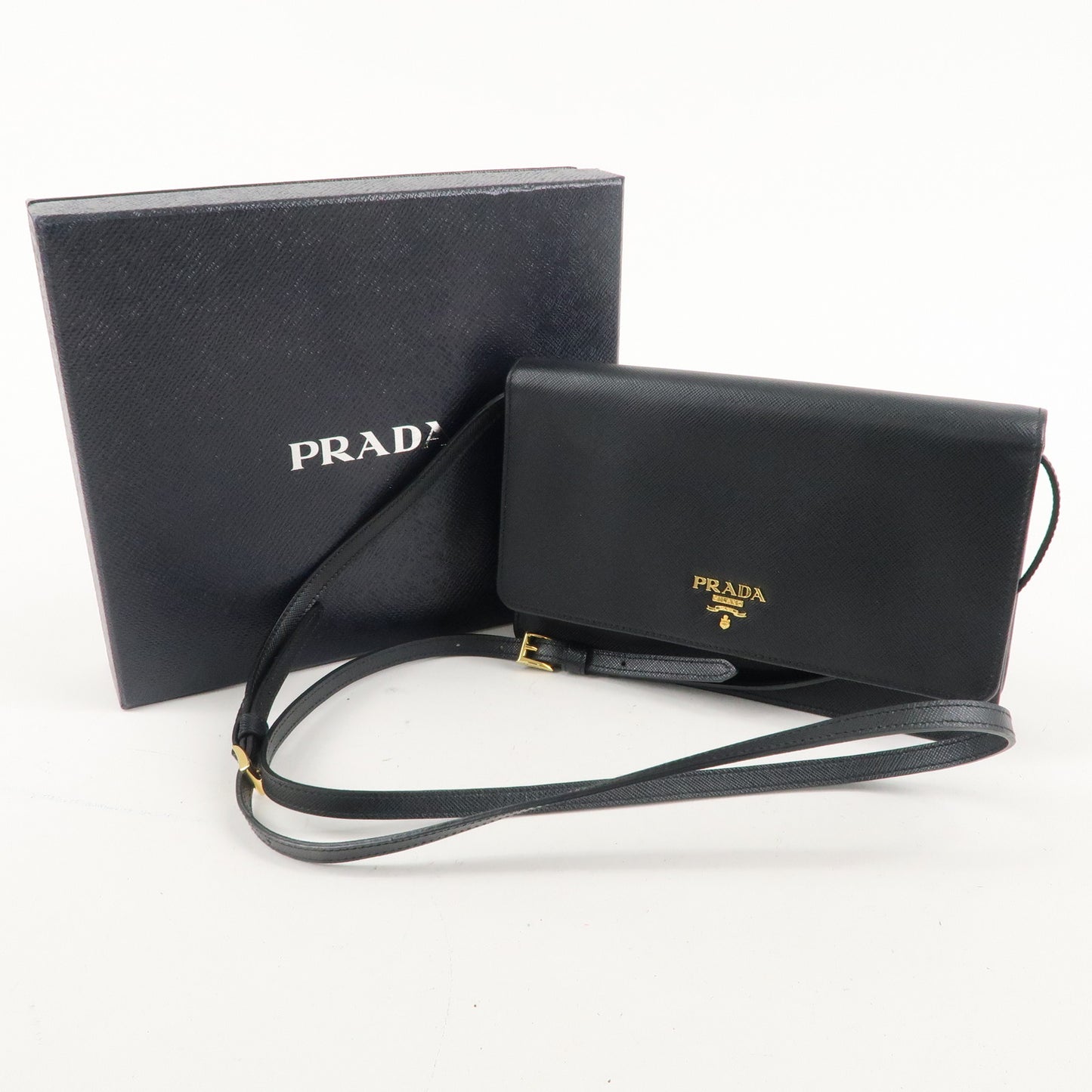 PRADA Saffiano Leather Shoulder Cross Body Wallet NERO Black