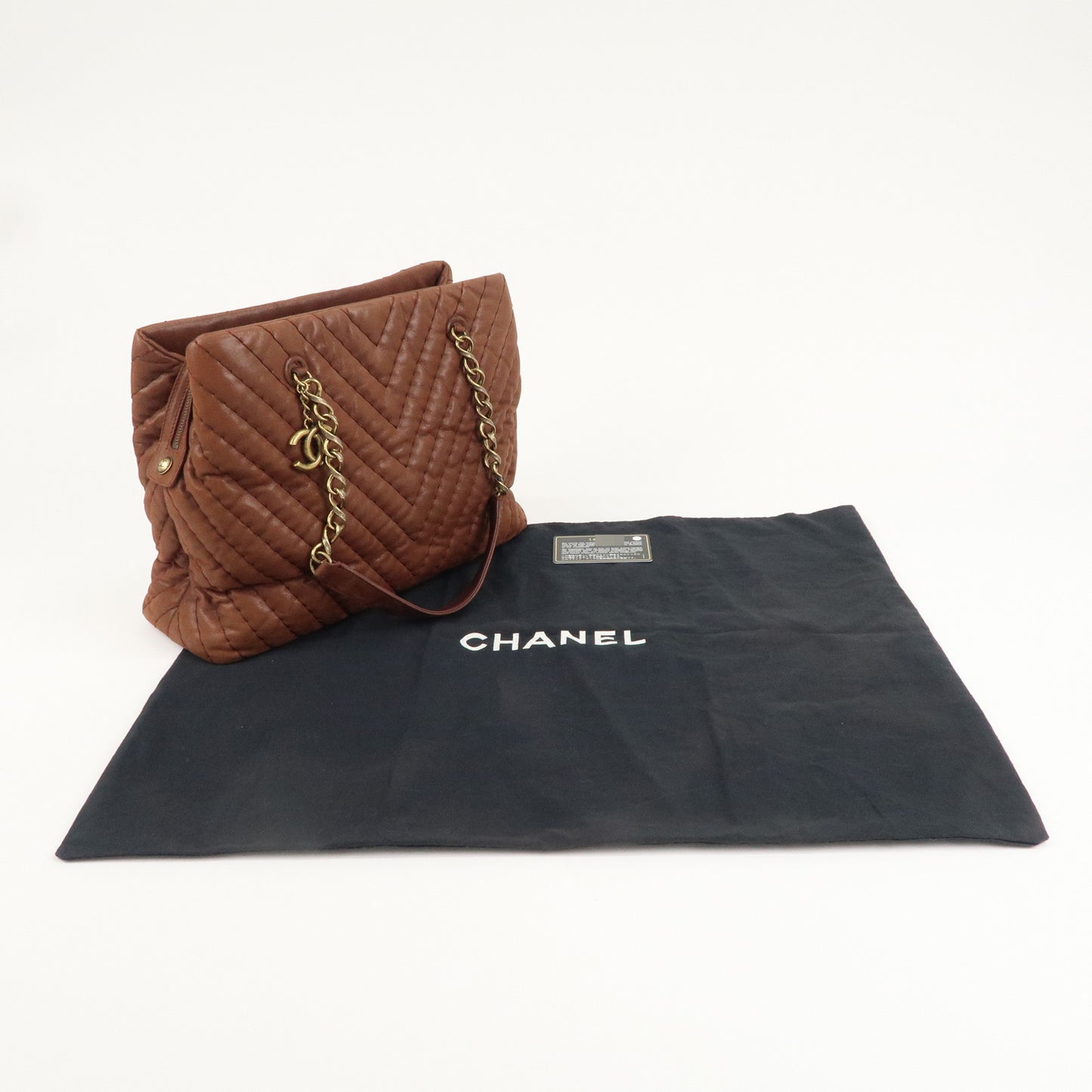 CHANEL V-stitch Leather Chain Shoulder Tote Bag Metalic Brown