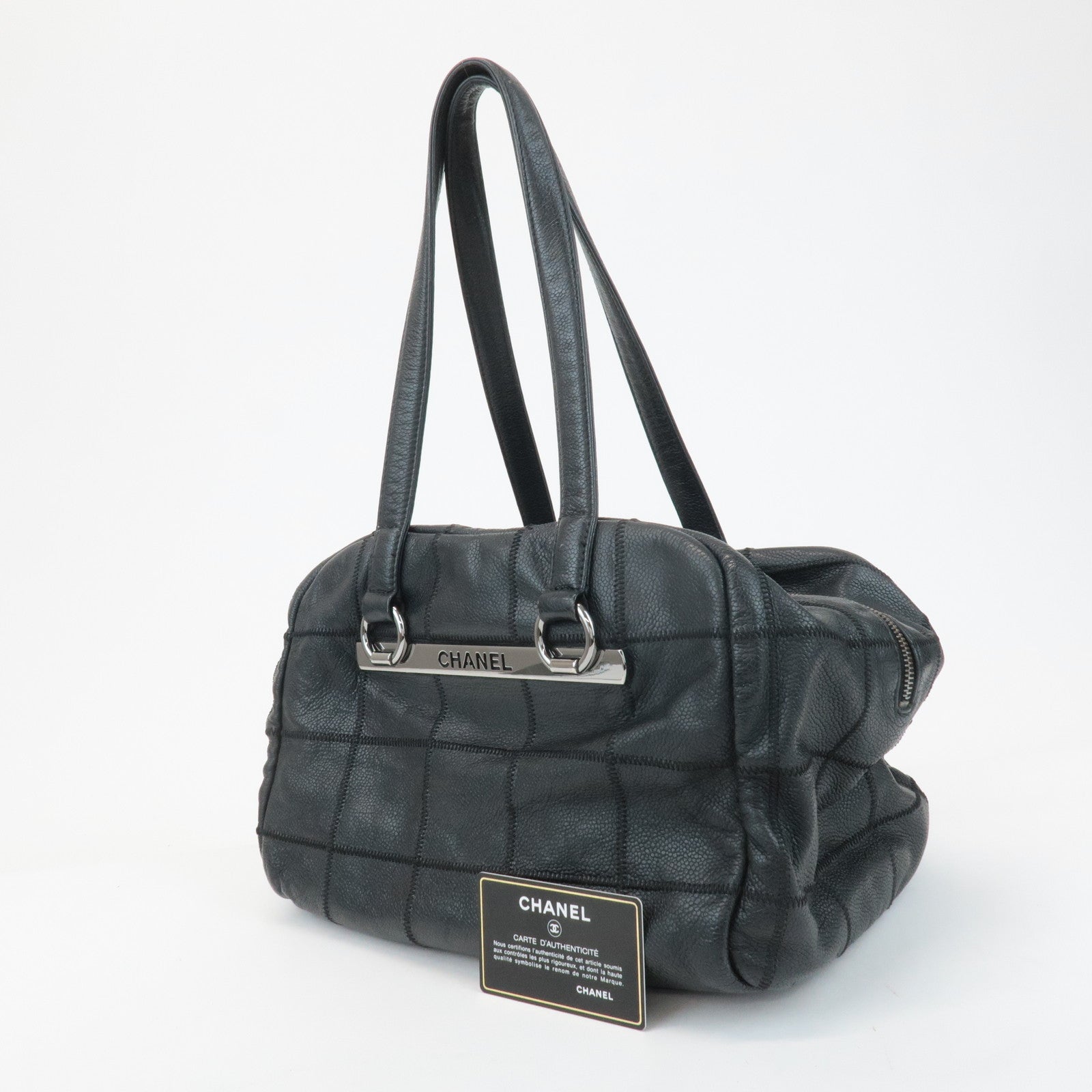 CHANEL Chocolate Bar Caviar Skin Mini Boston Bag Black A26135 Used