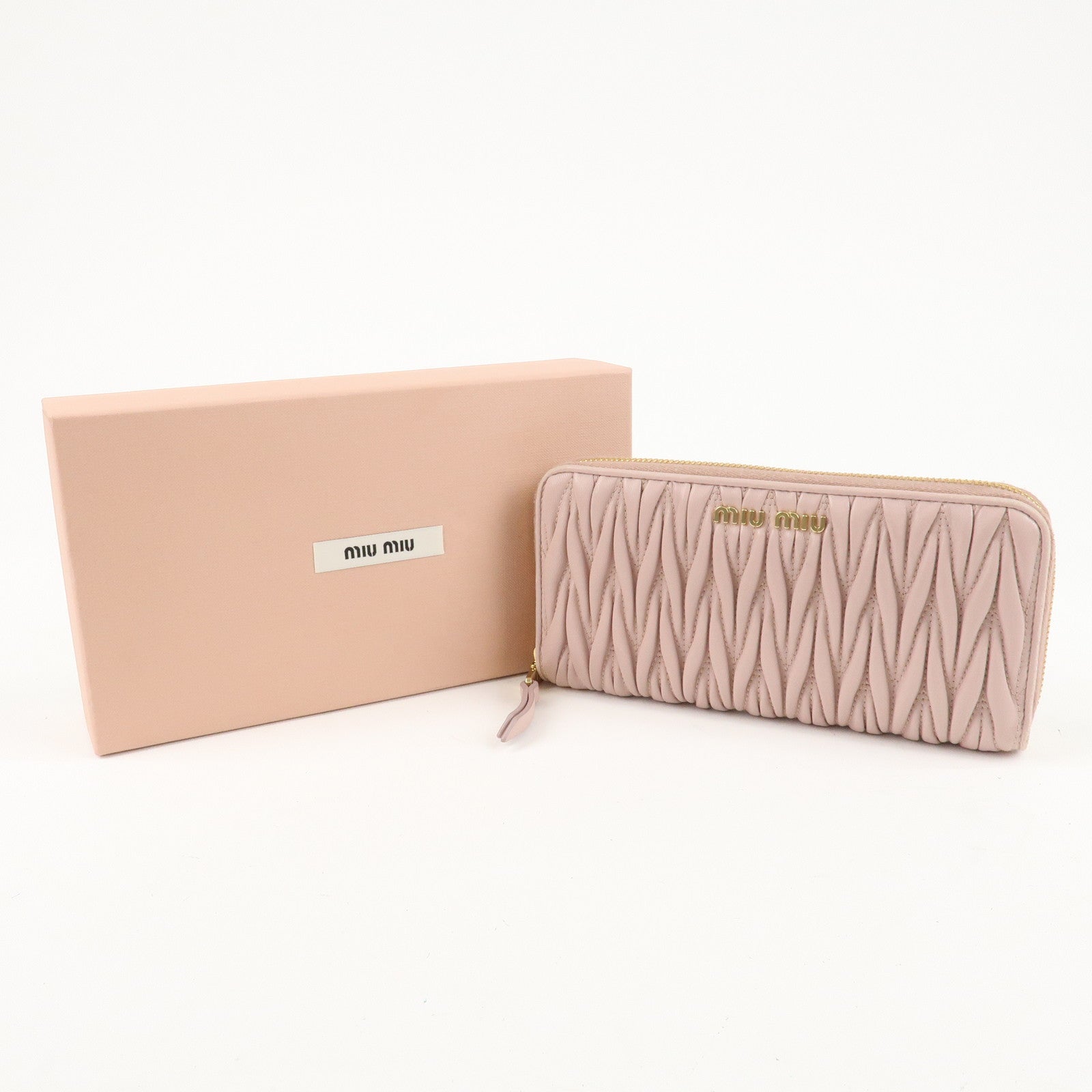 MIU MIU Matelasse Leather Round Zipper Long Wallet Pink Beige