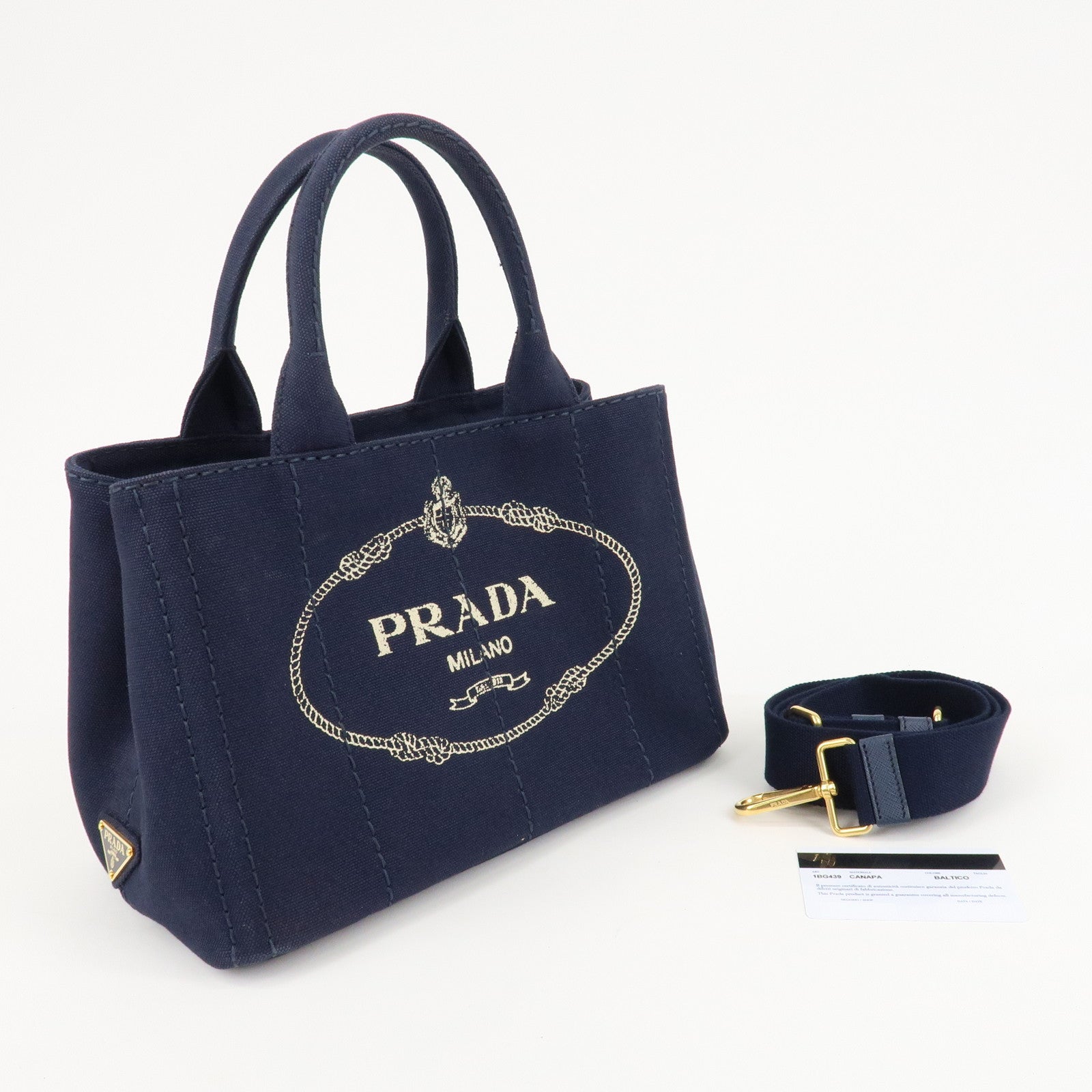 PRADA Canapa Mini Canvas Tote Bag Hand Bag Navy 1BG439