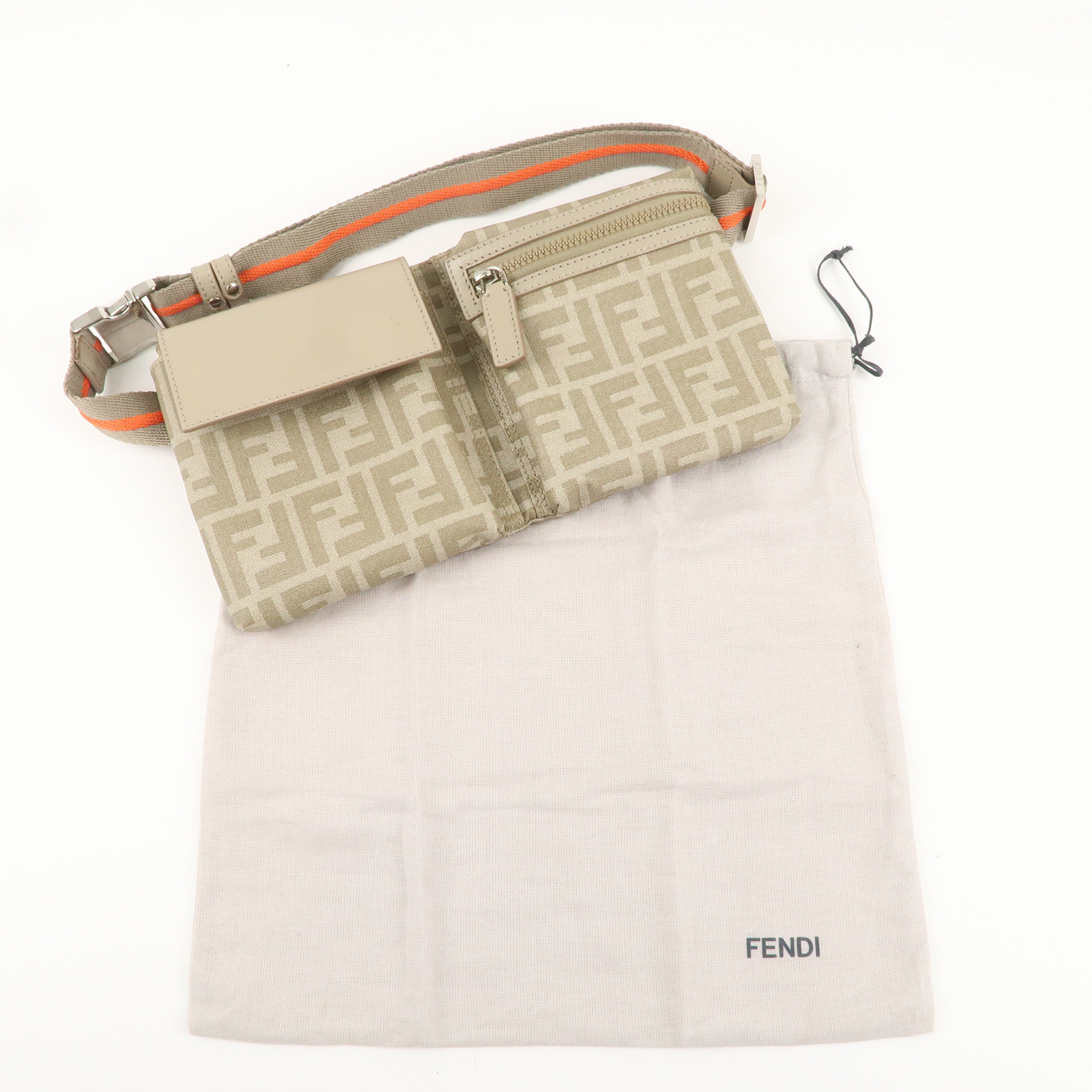 FENDI Zucca Canvas Leather Waist Bag Body Bag 7VA280 Beige