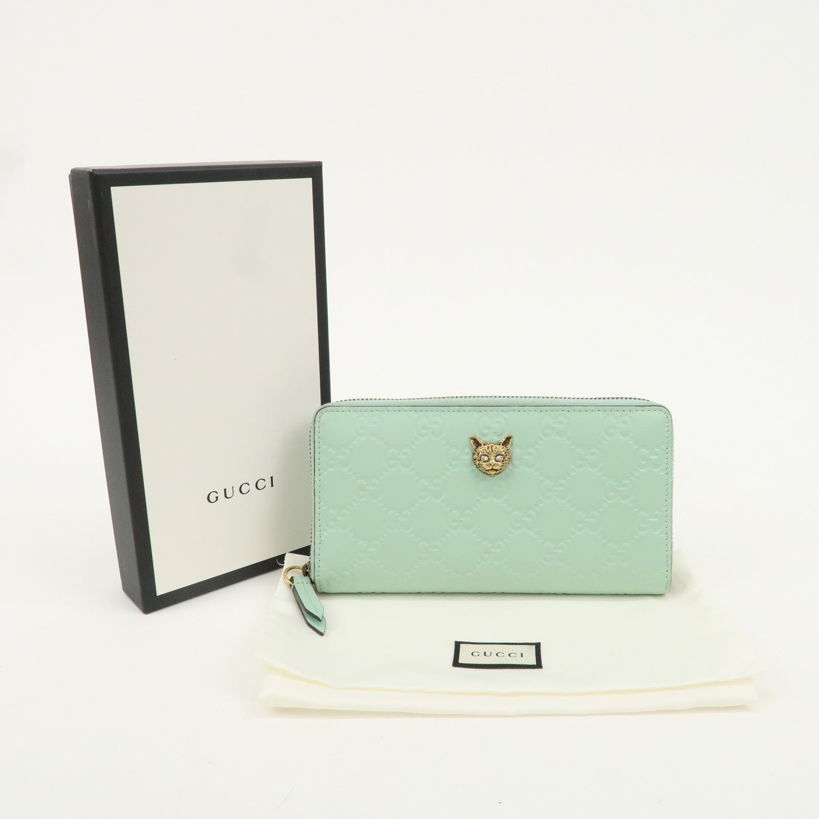 GUCCI Guccishima Leather Round Wallet Cat Motif Mint Green 548058