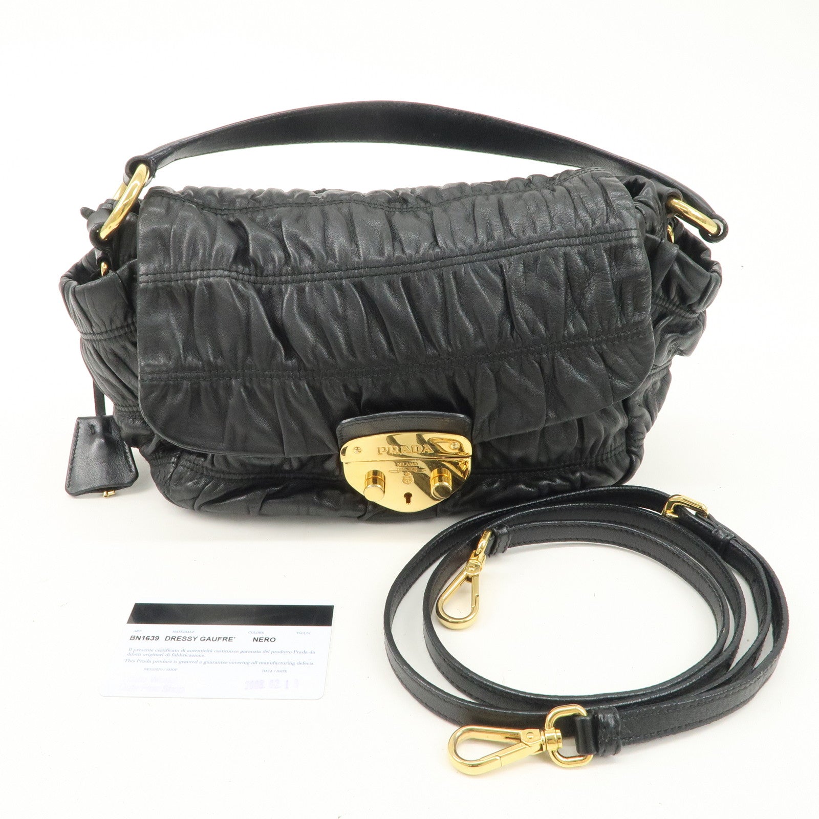 PRADA Leather Gathered 2WAY Shoulder Bag Black BN1639