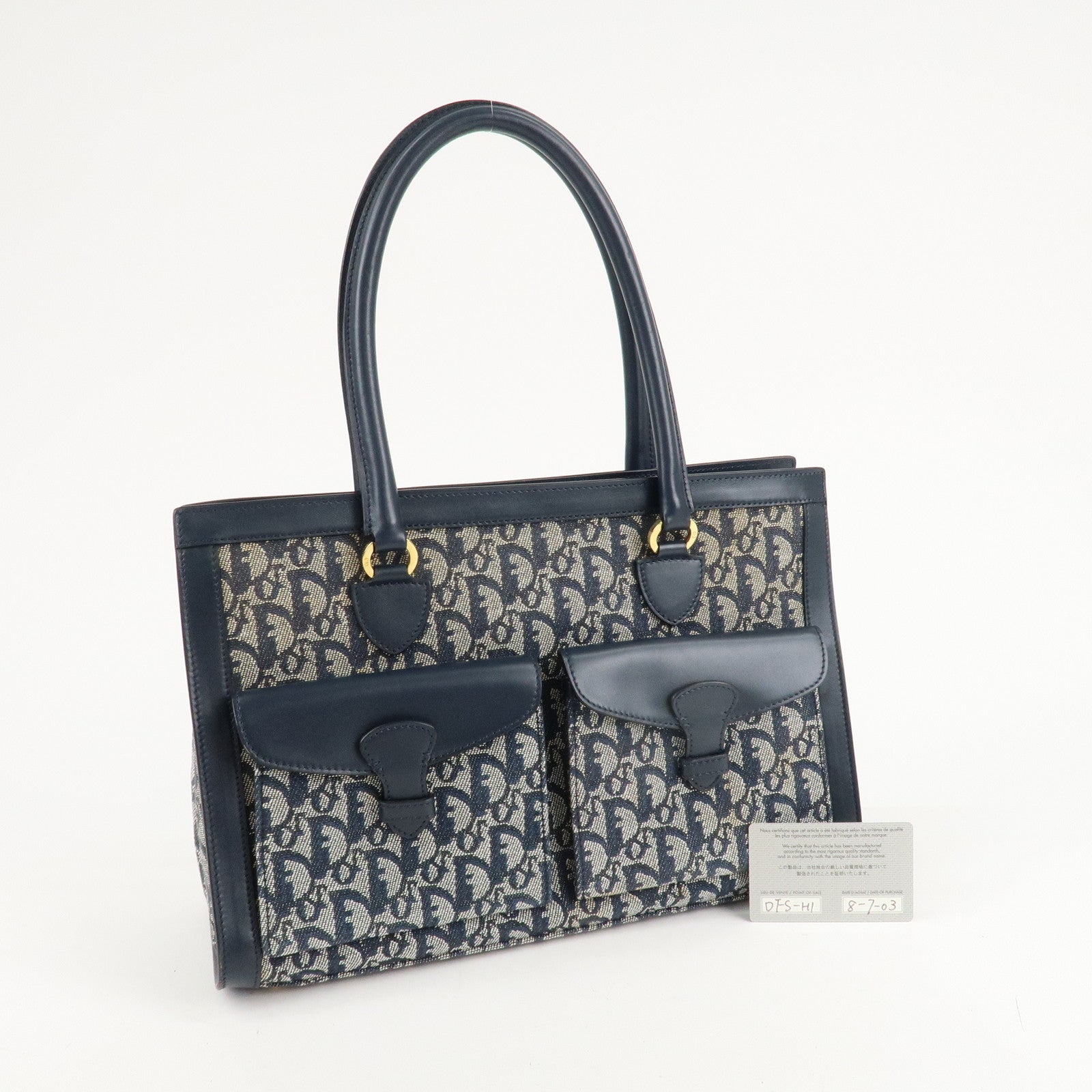 Chiristian Dior Trotter Jacquard Leather Tote Bag Hand Bag Navy