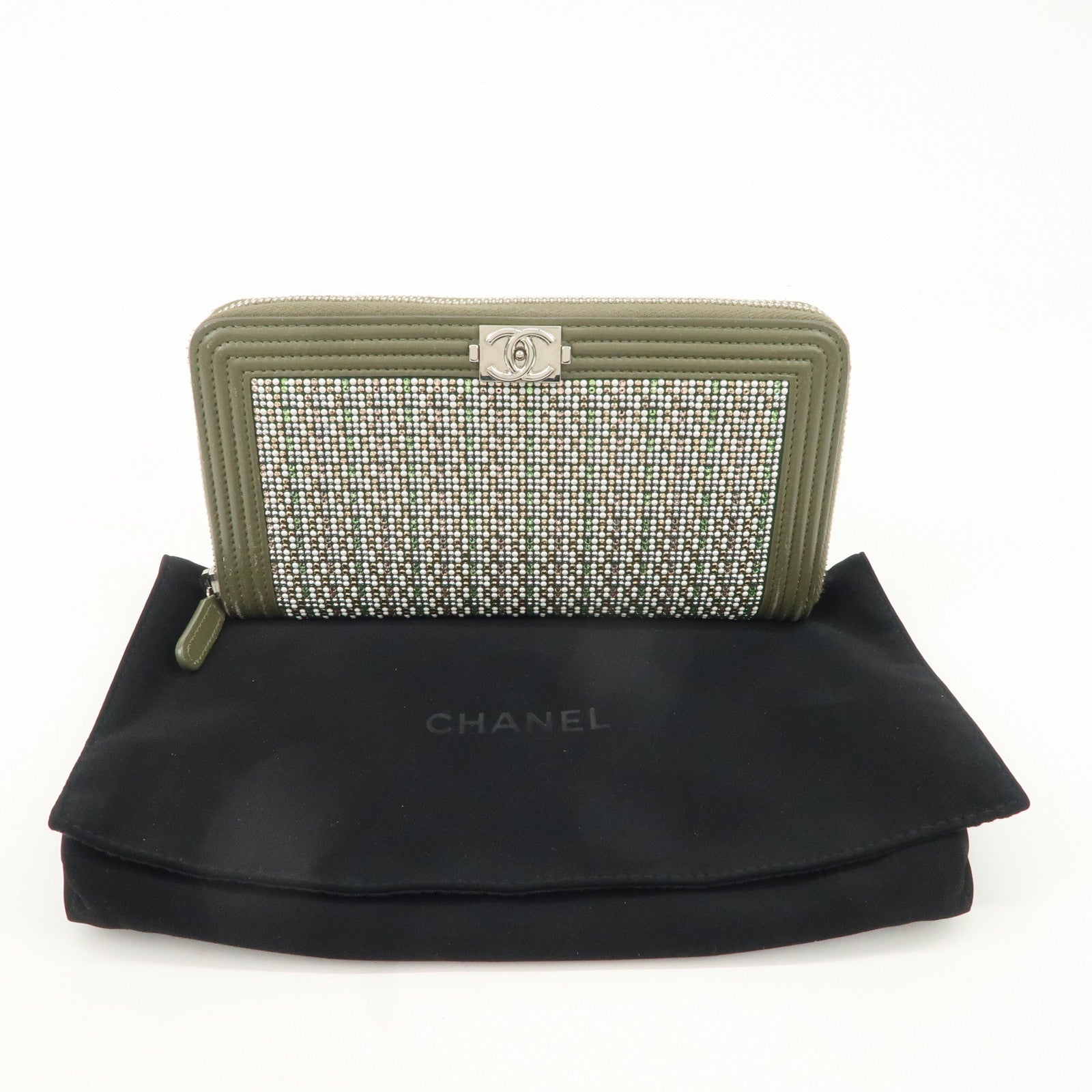 CHANEL Boy Chanel Rhine Stone Leather Round Zipper Long Wallet