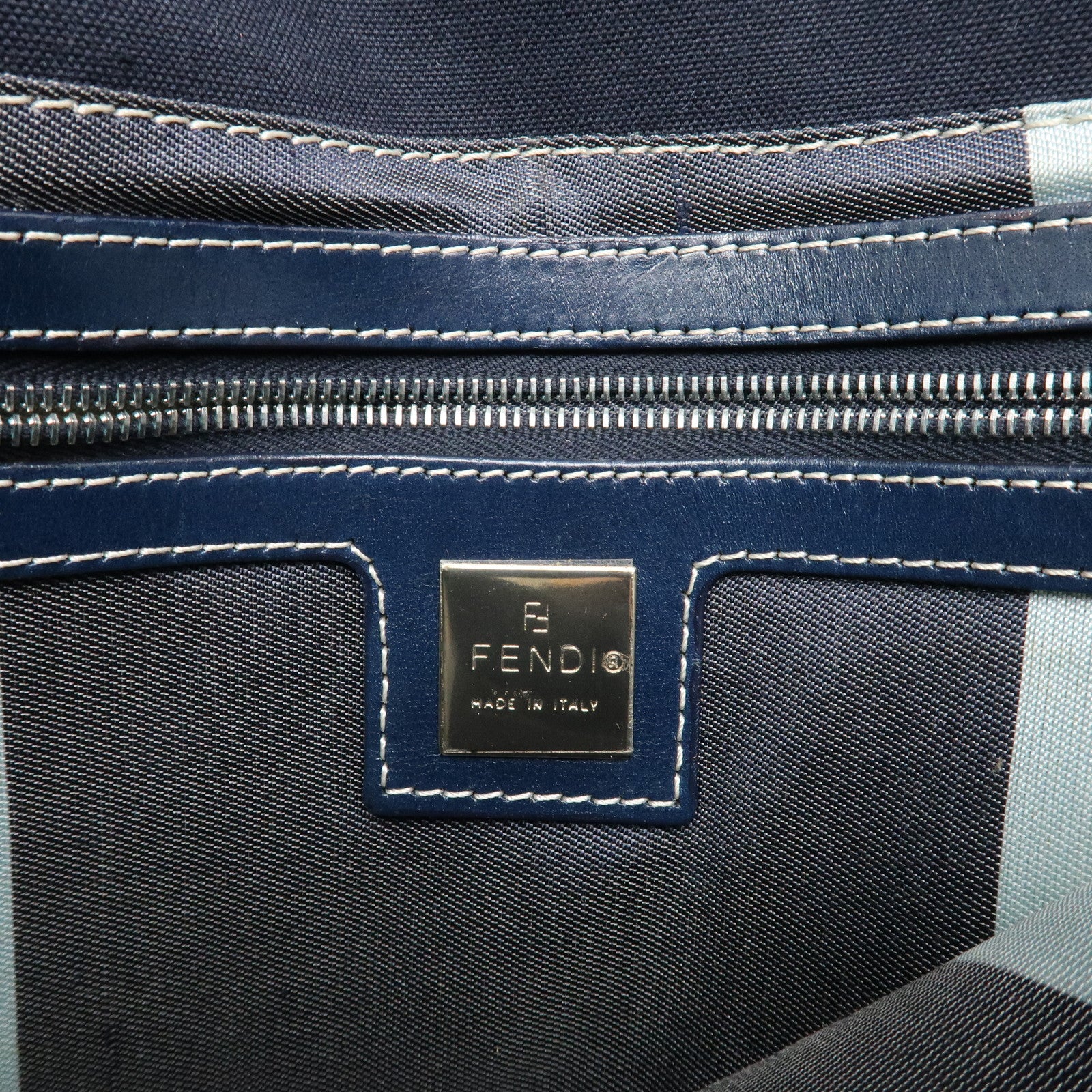 FENDI Canvas Leather Semi Shoulder Bag Hand Bag Navy Silver