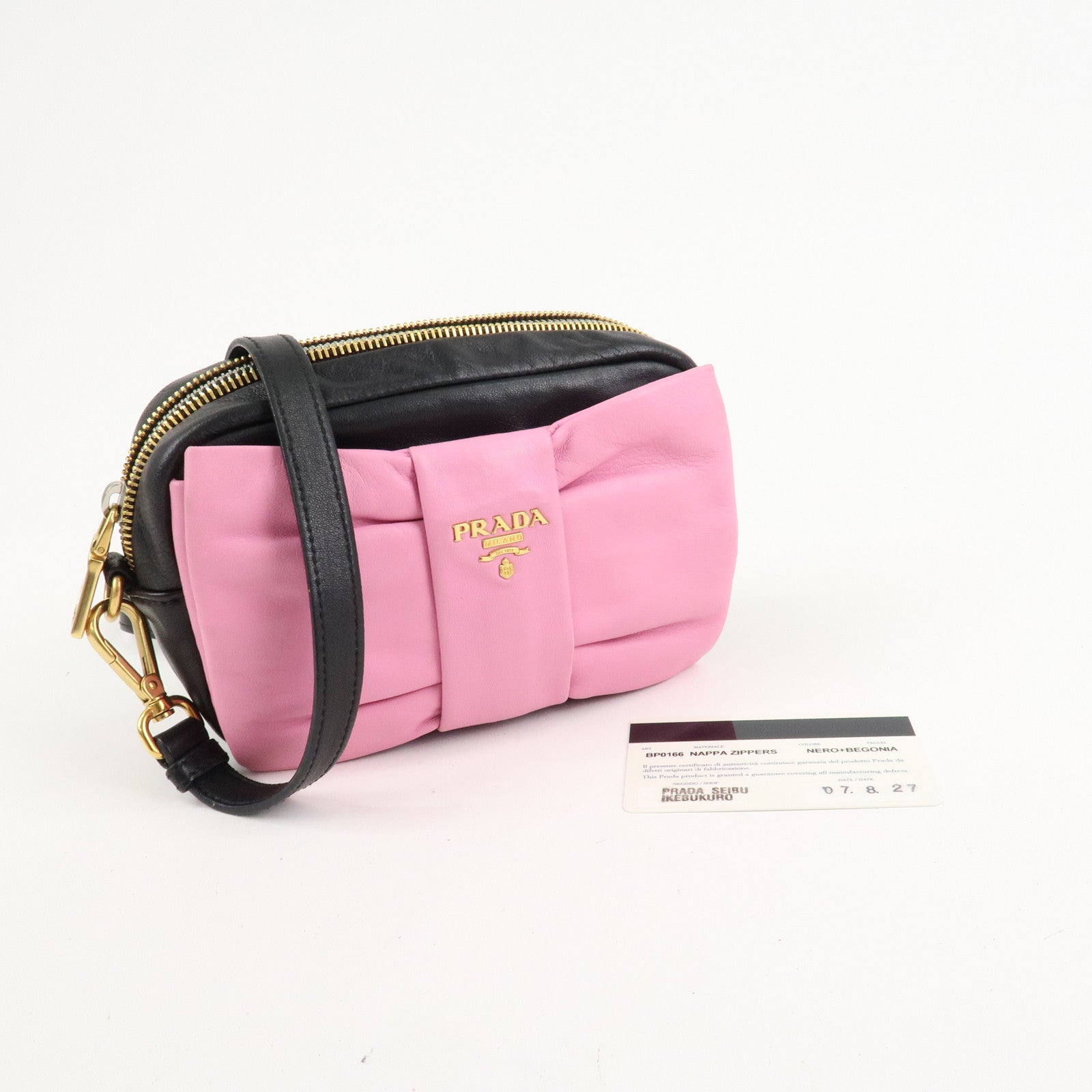 PRADA Logo Leather Ribbon Shoulder Bag Pink Black BP0166