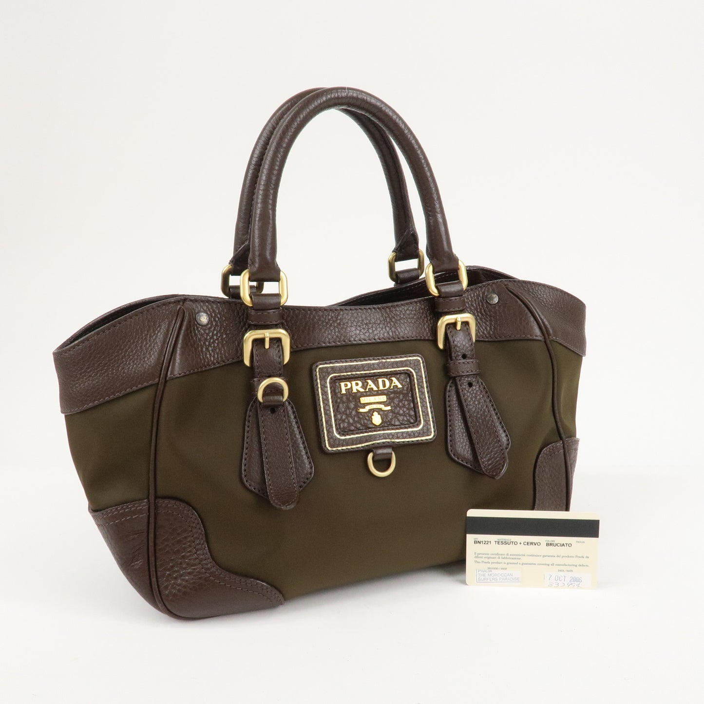 PRADA Logo Nylon Leather Hand Bag Kahki Brown BN1221