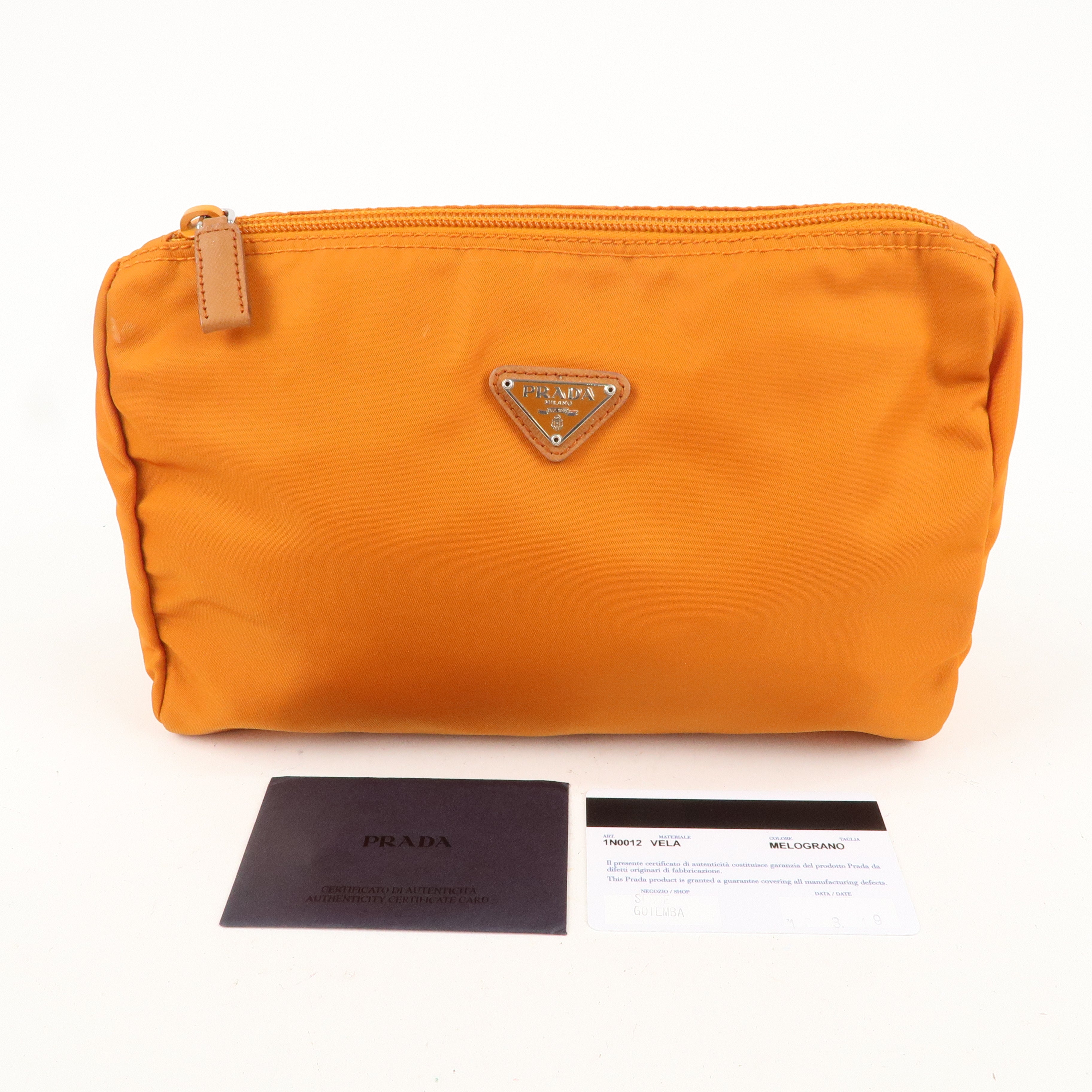 PRADA Nylon Leather Pouch Cosmetic Pouch Orange 1N0012