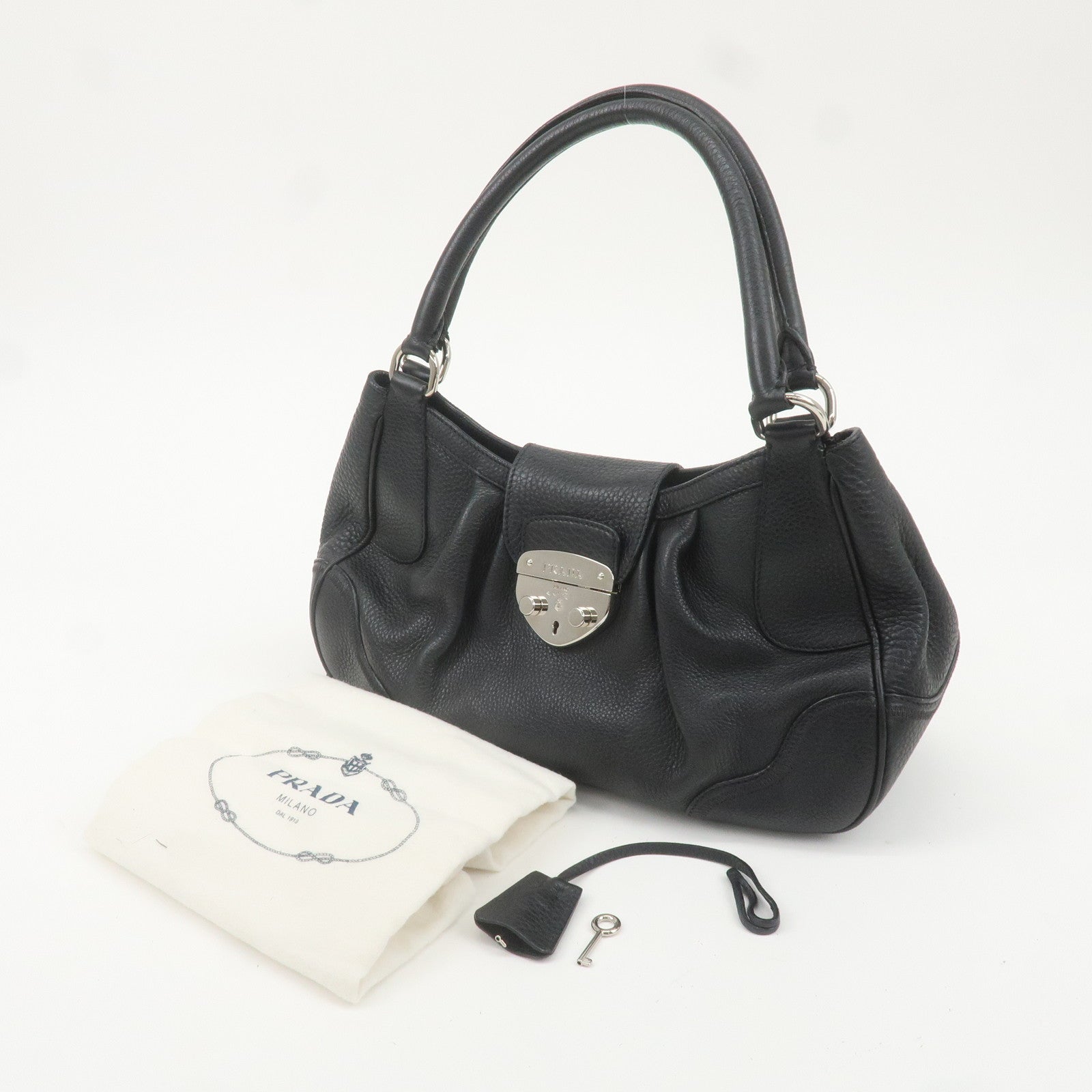 PRADA Leather Shoulder Bag Black Silver Hardware