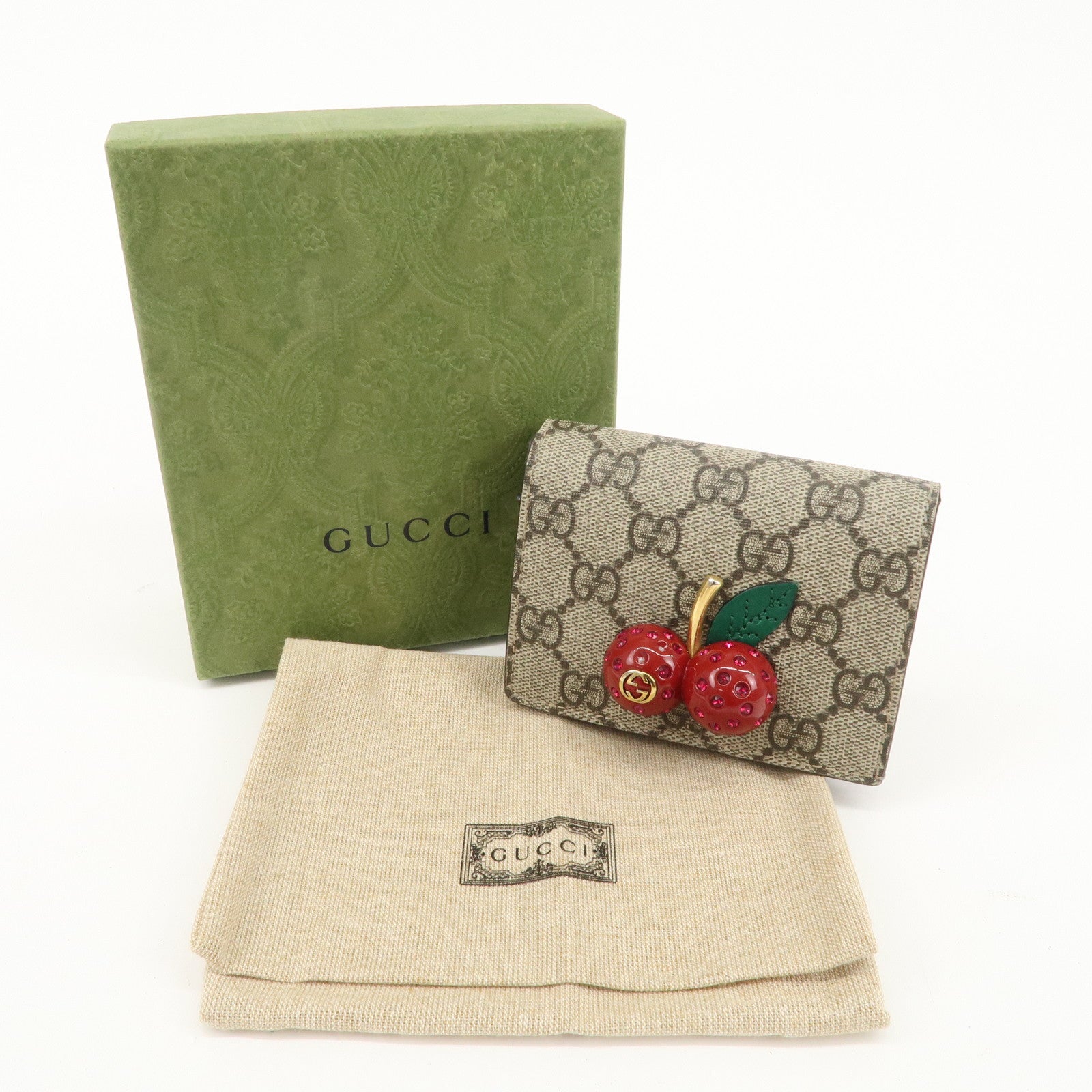 GUCCI Cherry GG Supreme Leather Compact Wallet Card Case 476050