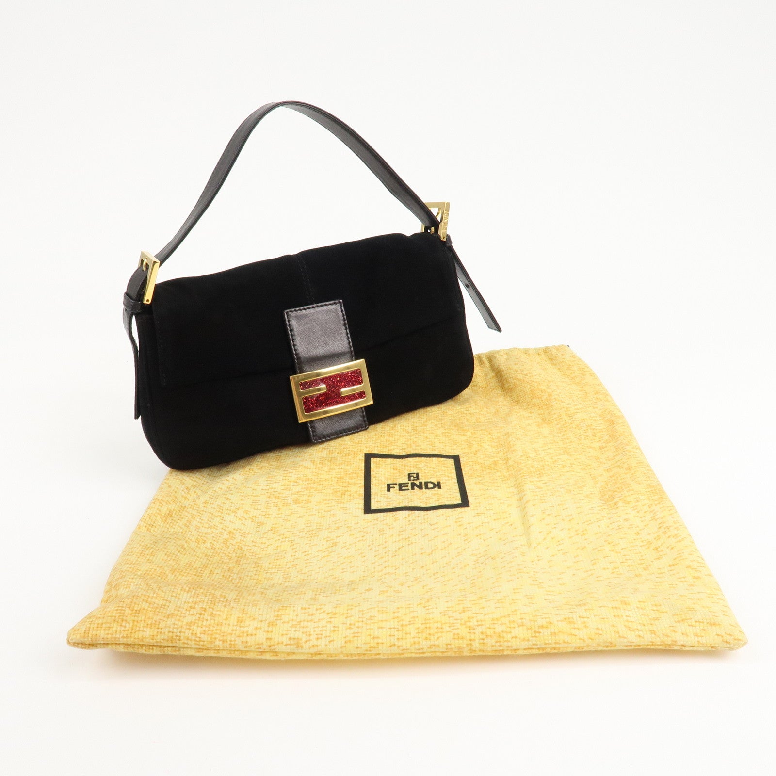 FENDI Mamma Baguette Suede Leather Shoulder Bag Black 26424