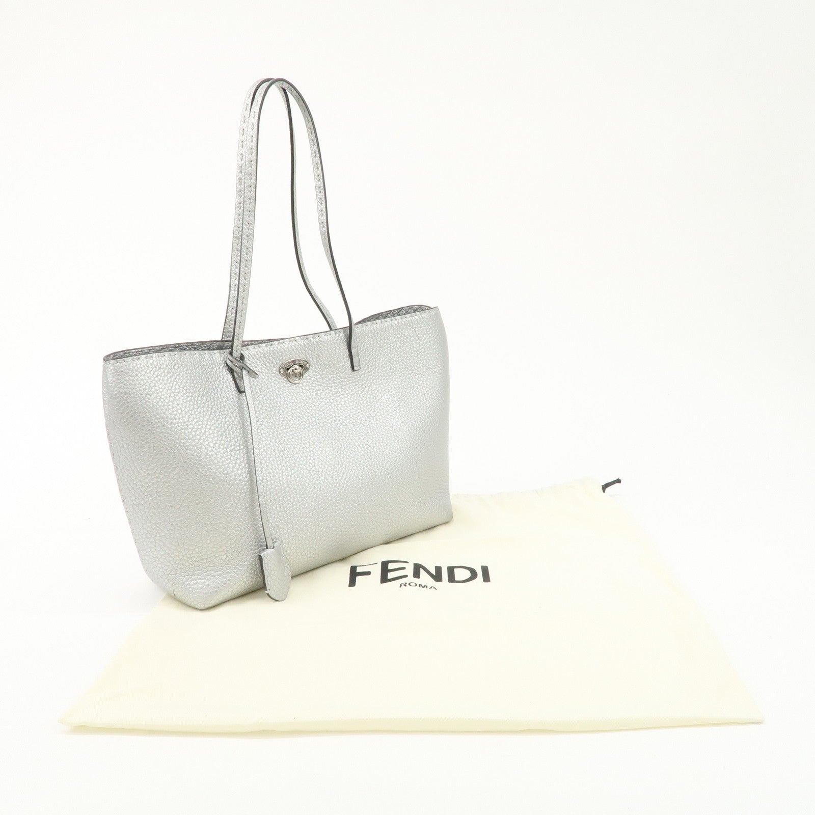 FENDI Selleria Leather Small Carla Tote Bag Silver 8BH257 Used