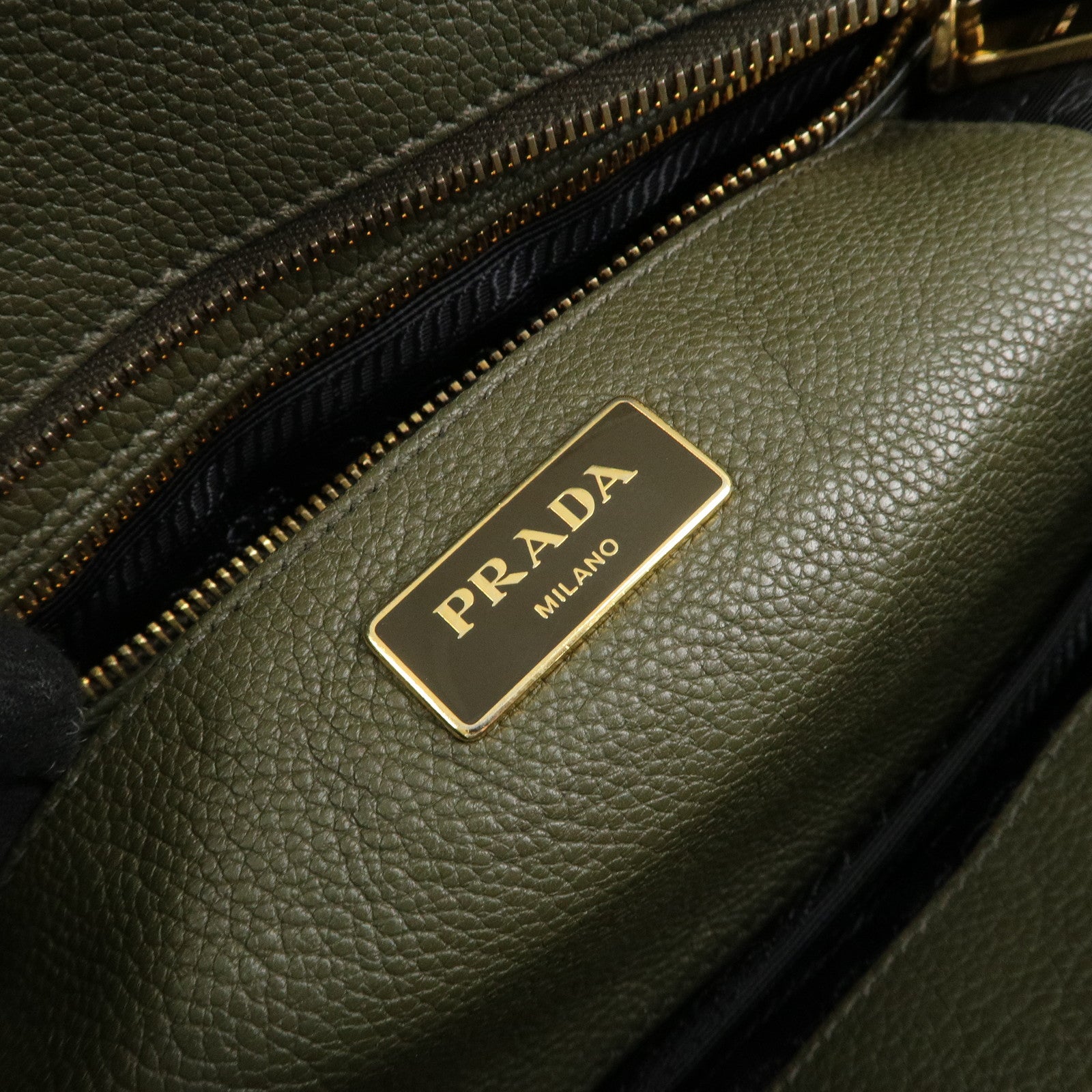 PRADA Logo Leather Hand Bag Shoulder Bag Khaki