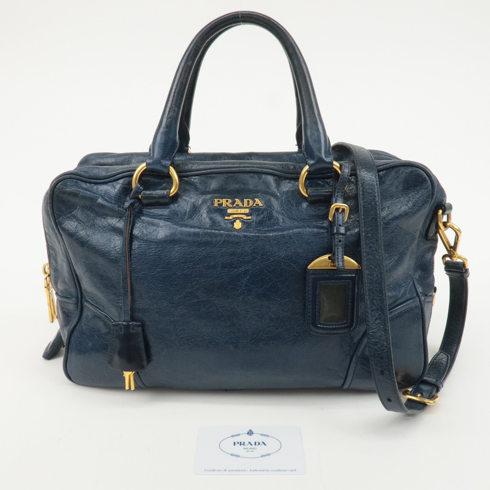 PRADA Leather 2way Hand Bag Shoulder Bag Blue BL0821