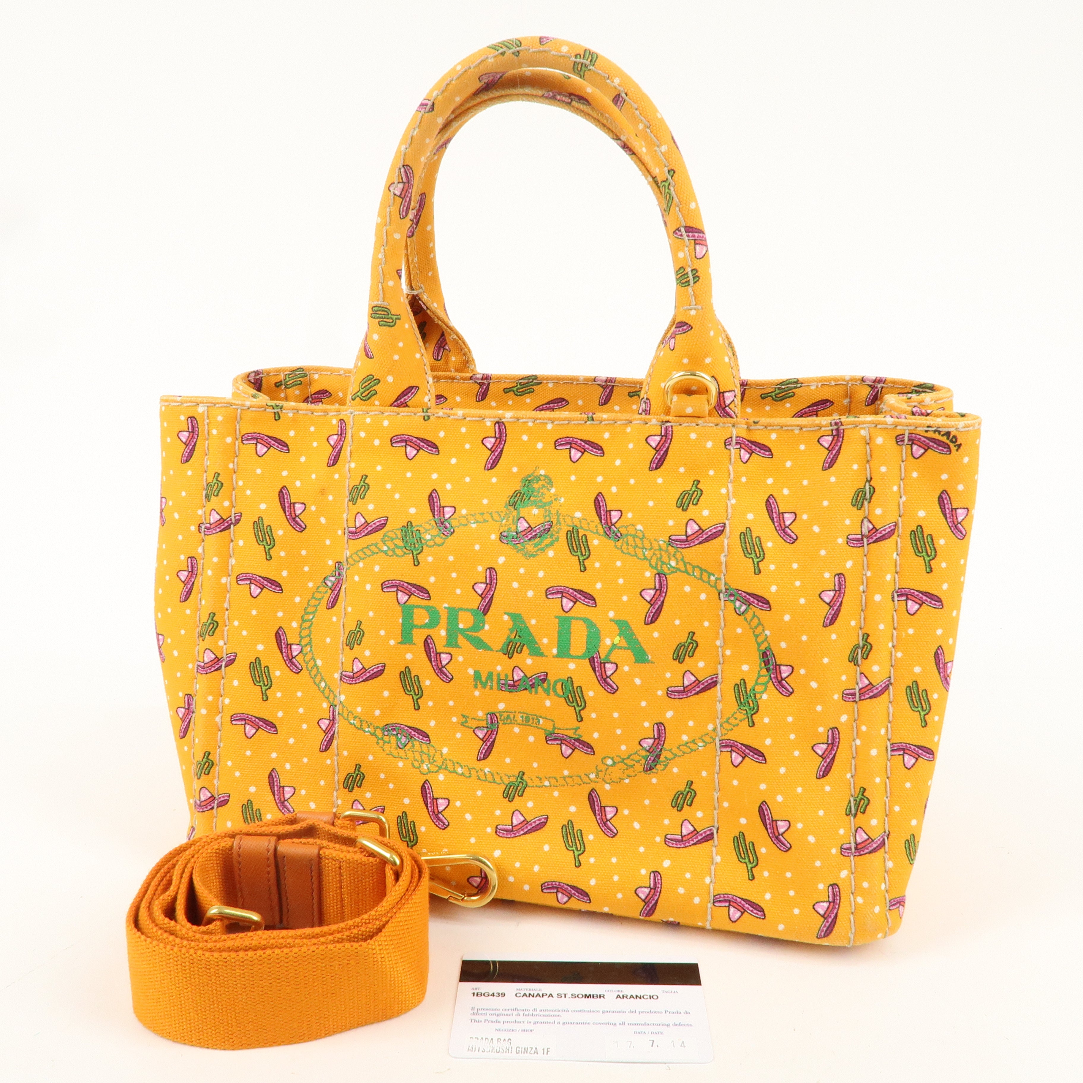 PRADA Canapa Mini Canvas 2Way Bag Cactus Pattern Orange 1BG439