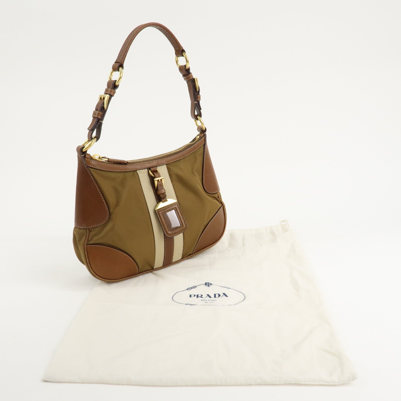 PRADA Nylon Leather One Shoulder Bag Beige Brown