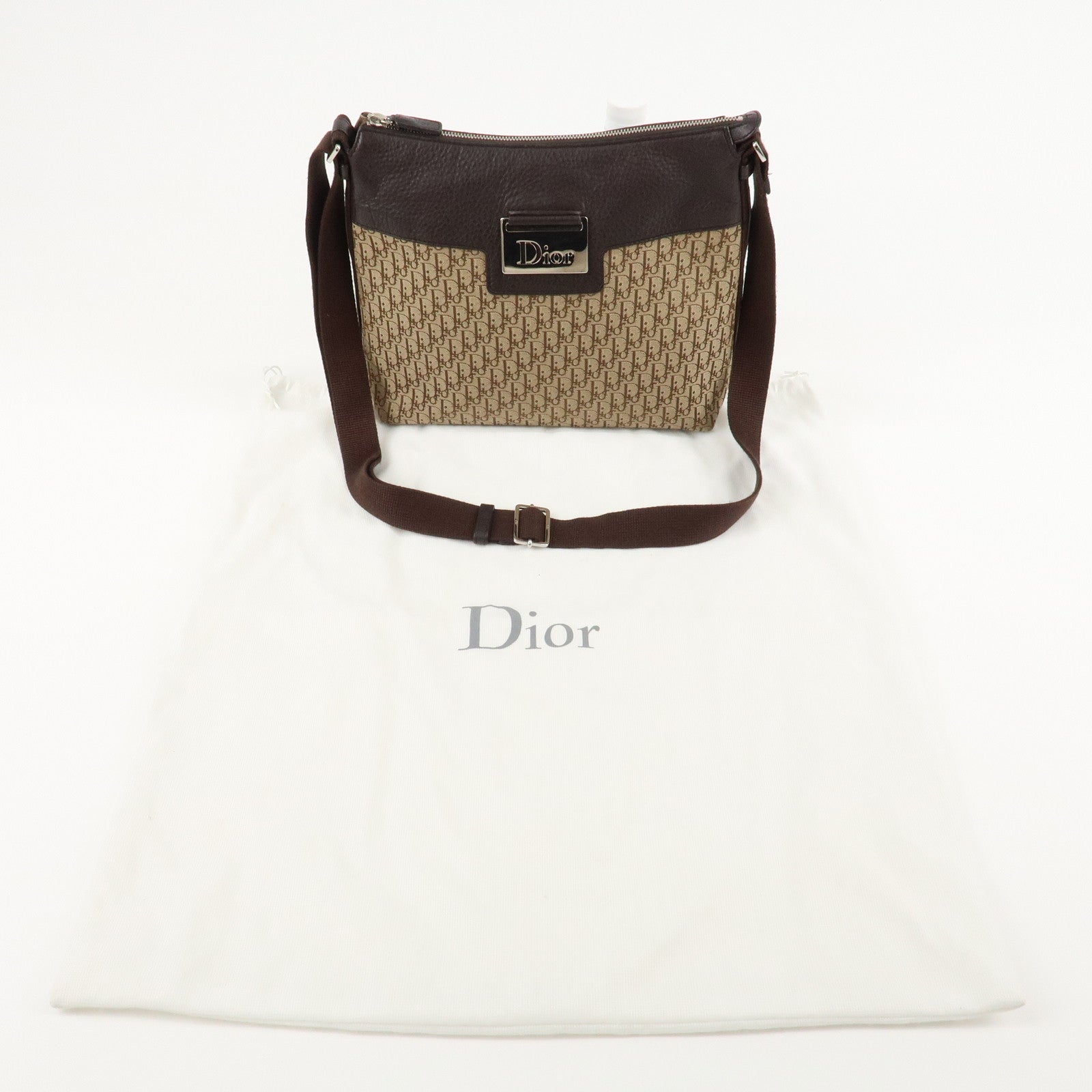 Christian Dior Trotter Canvas Leather Shoulder Bag Beige Brown