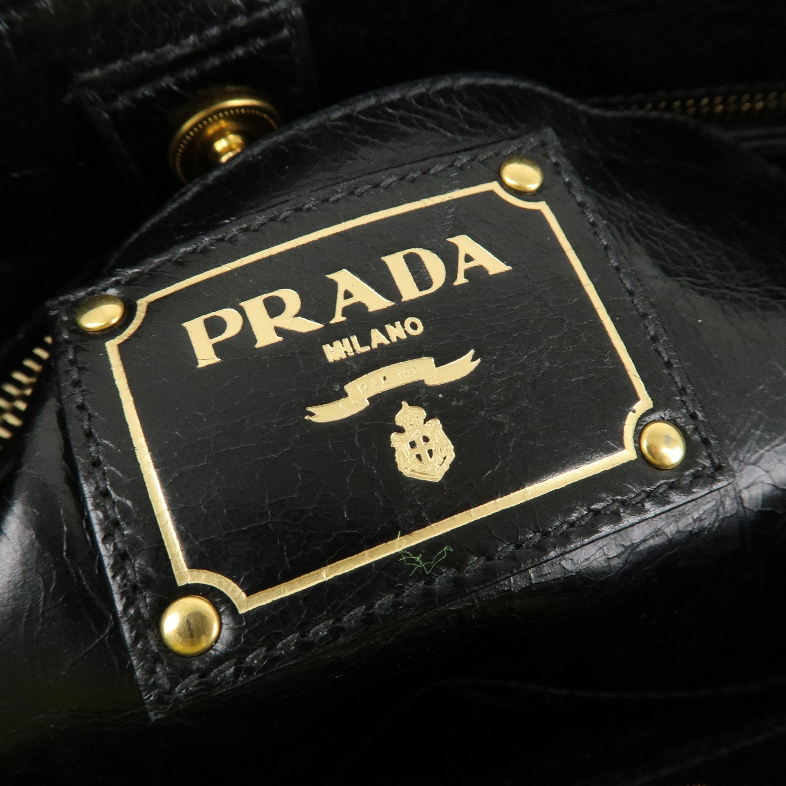 PRADA Leather 2way Bag Hand Bag Shoulder Bag Black Gold HDW