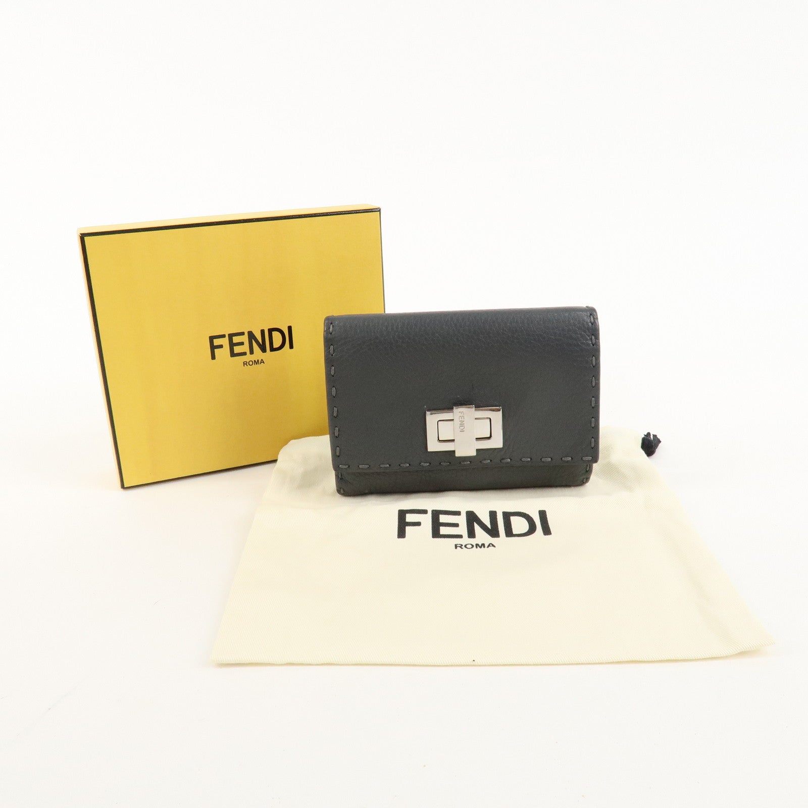 FENDI Selleria Leather Peekaboo Bi-fold Wallet Gray 8M0359