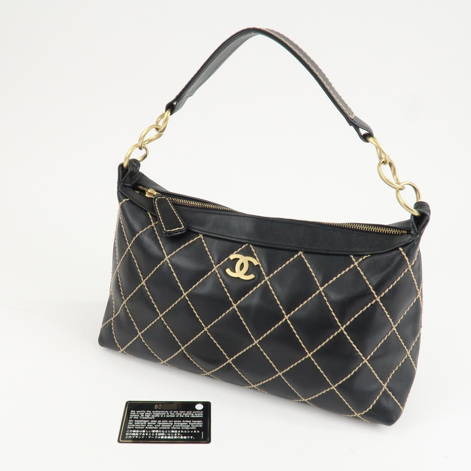 CHANEL Wild Stitch Lamb Skin Shoulder Bag Hand Bag Black A20663 Used