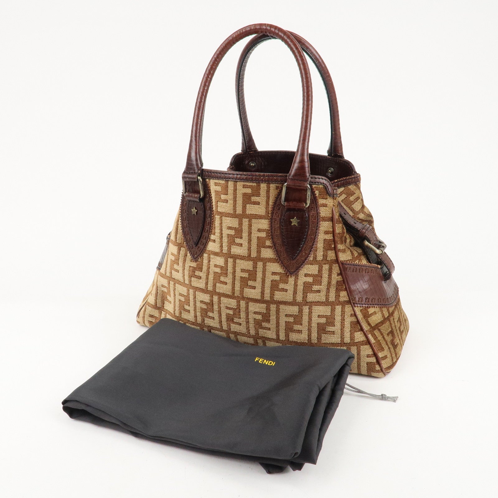 FENDI Ethnico Zucca Canvas Leather Tote Bag Brown 8BN157