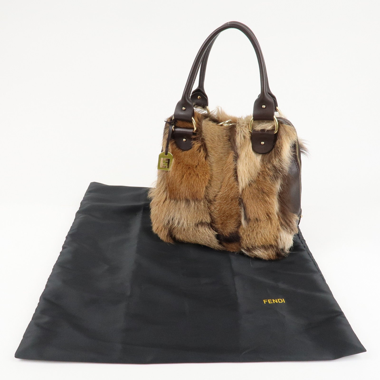 FENDI Fur Leather Tote Bag Hand Bag Shoulder Bag Brown 8BR286 Used