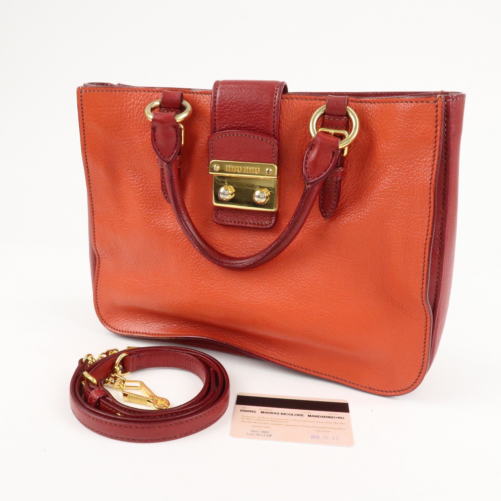 MIU MIU Leather MADRAS BICOLORE 2WAY Bag Hand Bag Orange Used