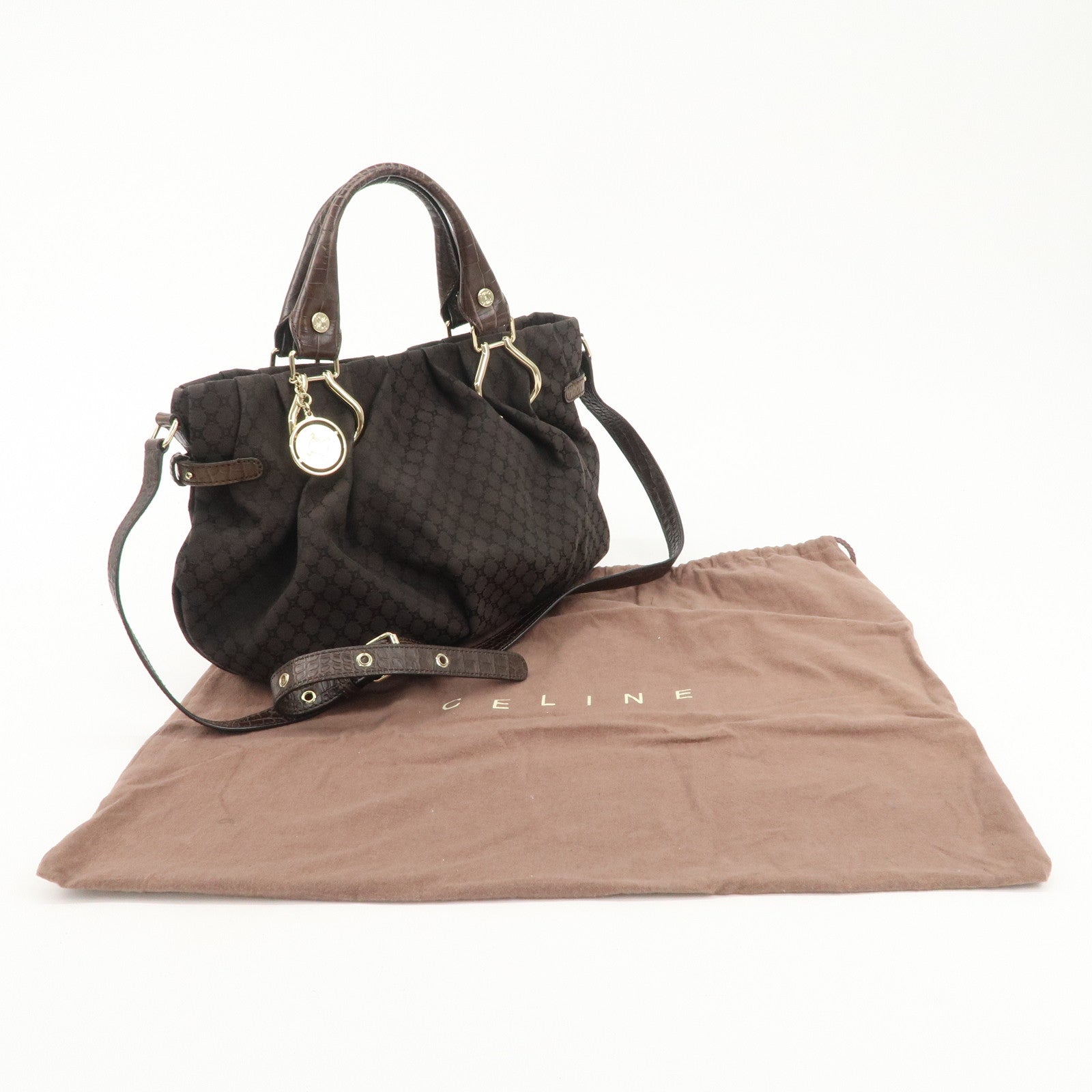 CELINE Macadam Canvas Leather 2Way Bag Gold Charm Dark Brown Used
