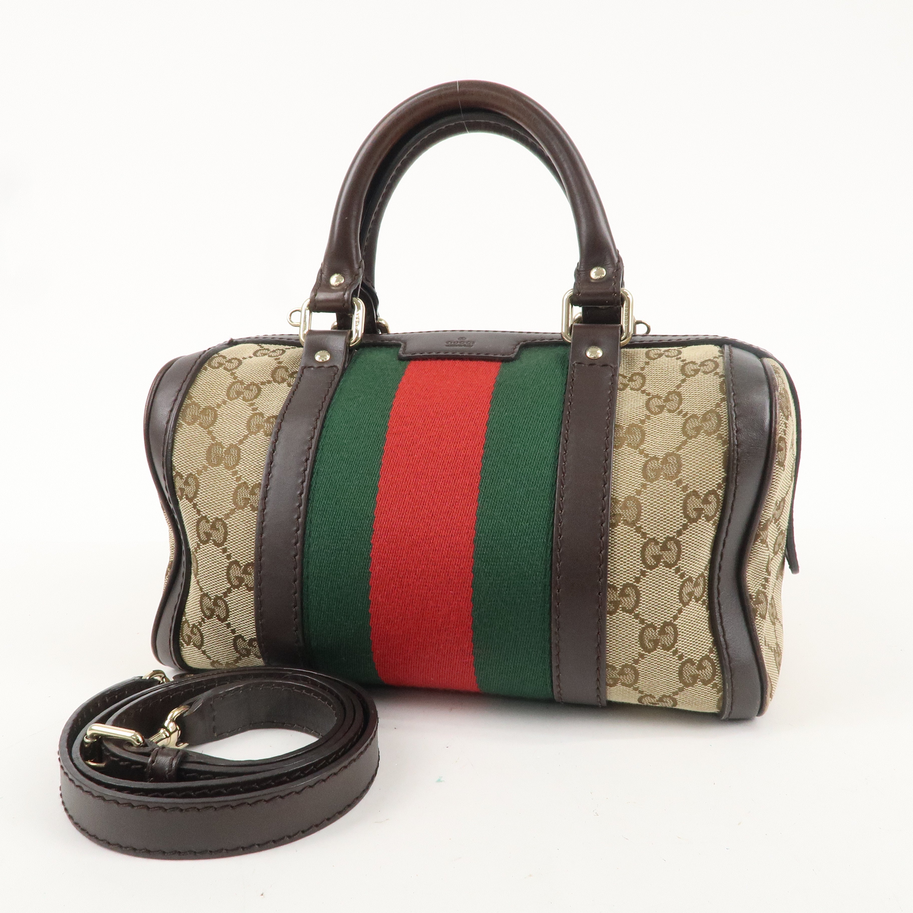 GUCCI Sherry GG Canvas Leather Boston Bag Beige Brown 269876