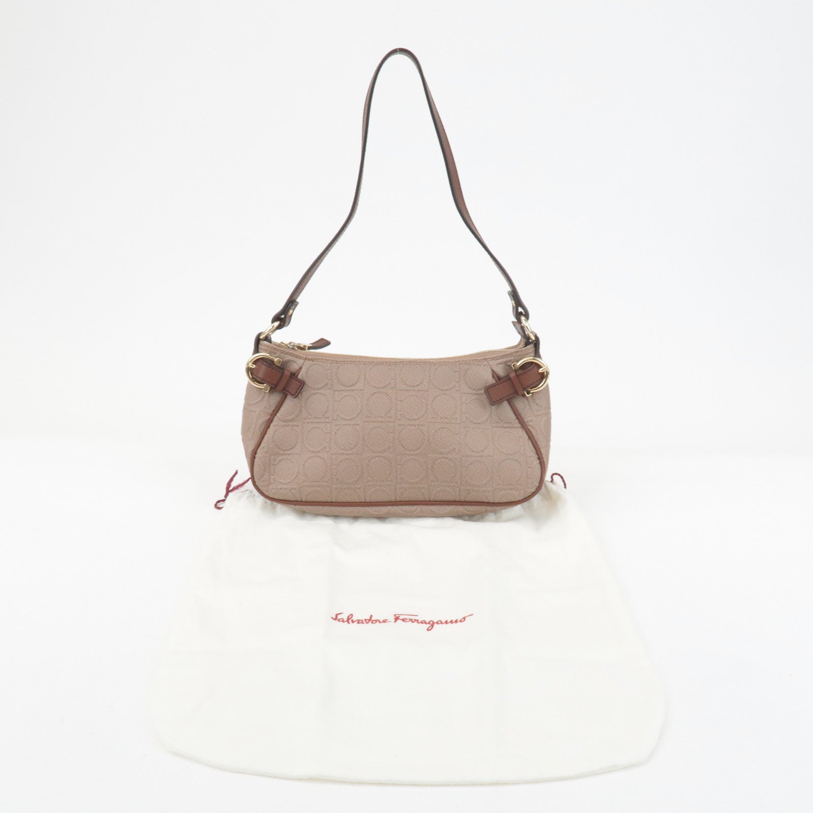 Ferragamo Gancini PVC Leather Shoulder Bag Pink Beige Brown Used