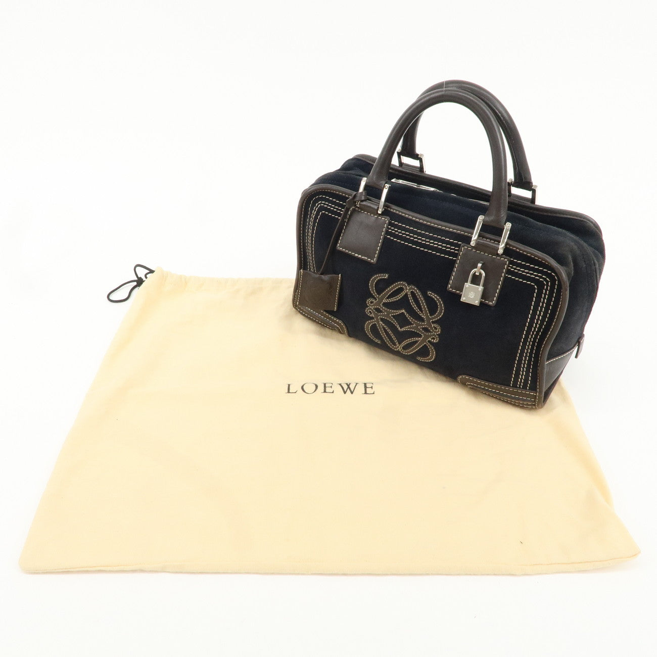 LOEWE Leather Suede Amasona28 Hand Bag Navy Brown