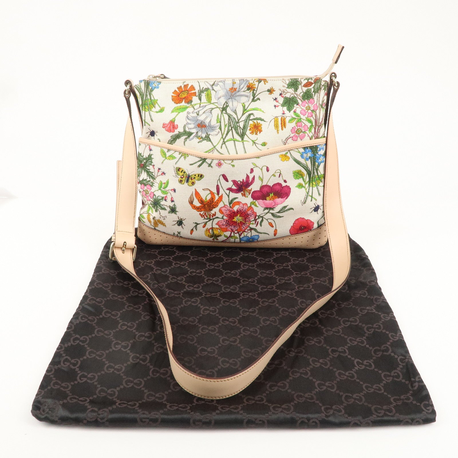 GUCCI Flora Canvas Leather Shoulder Bag Beige Ivory 145857