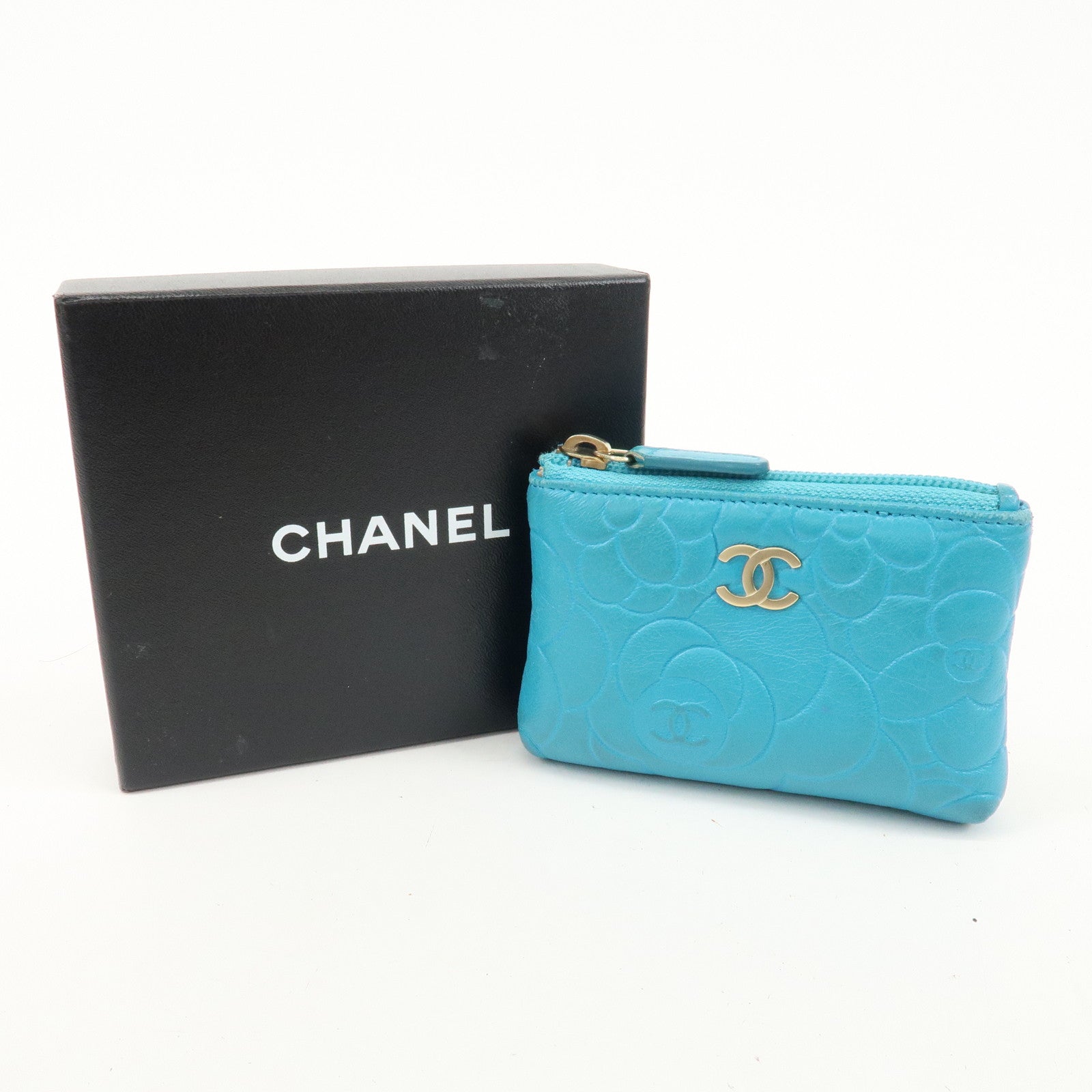 CHANEL Camellia Coco Mark Lamb Skin Coin Case Blue A50090