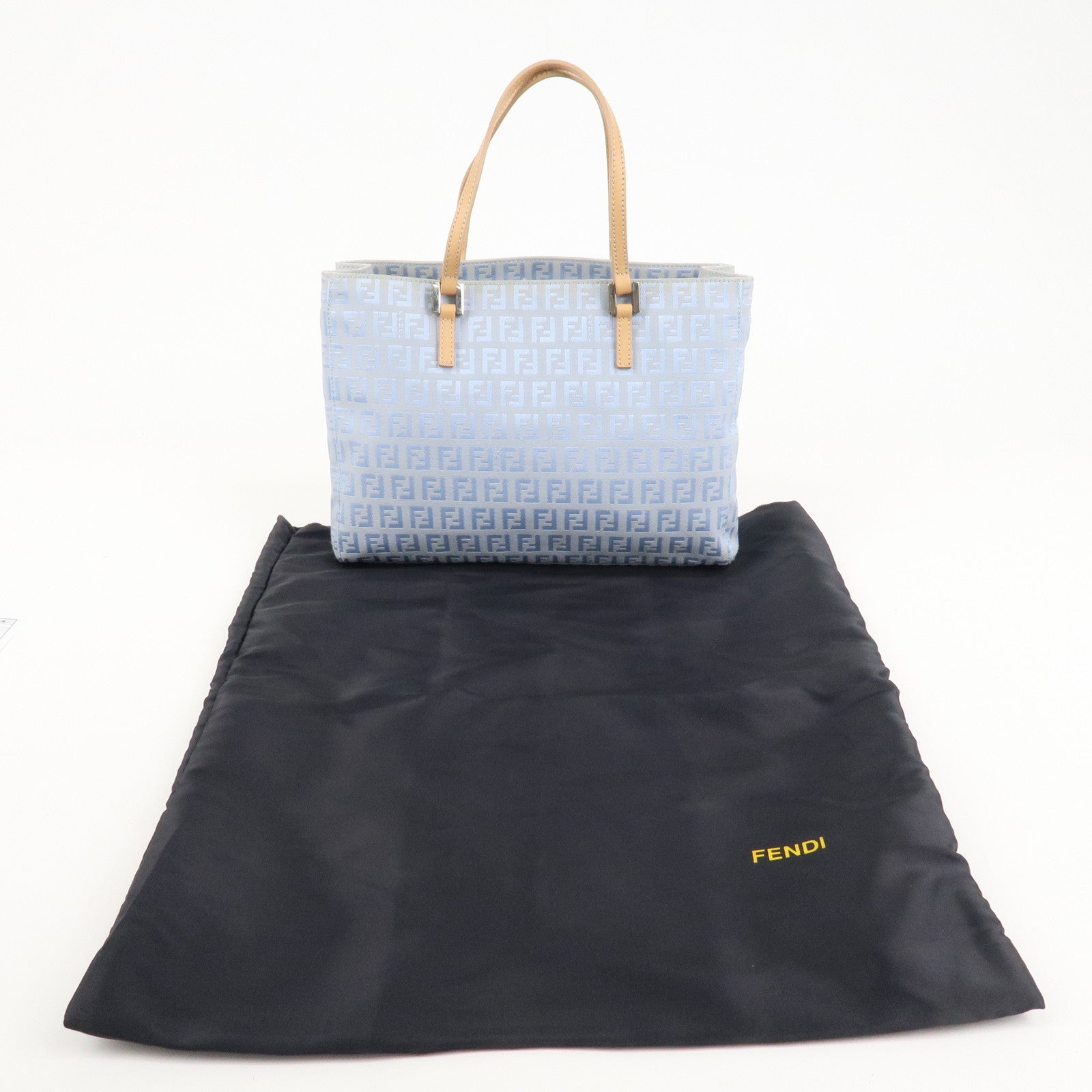 FENDI Zucchino Canvas Leather Tote Bag Light Blue Beige