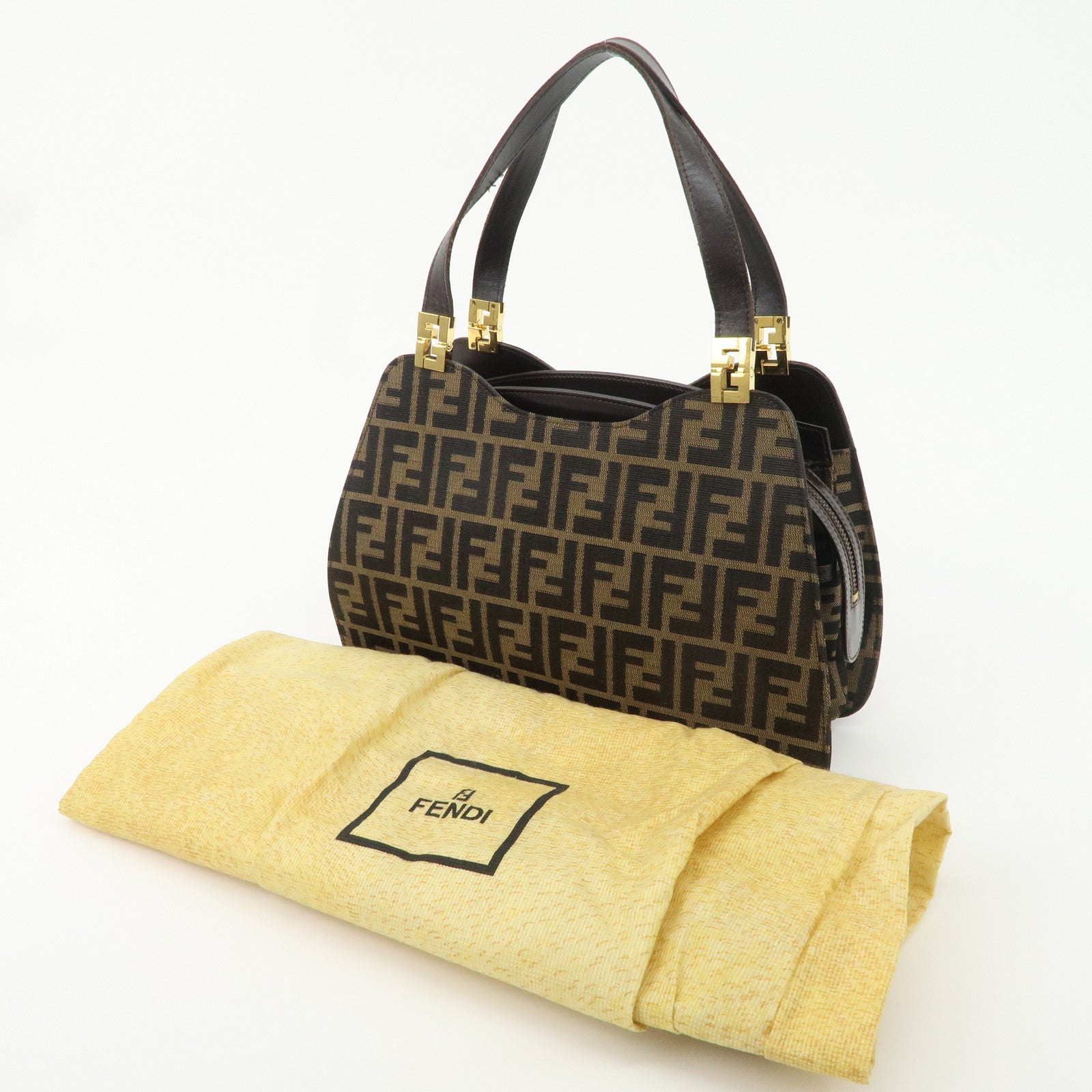 FENDI Zucca Canvas Leather Tote Bag Brown Black Gold Hardware