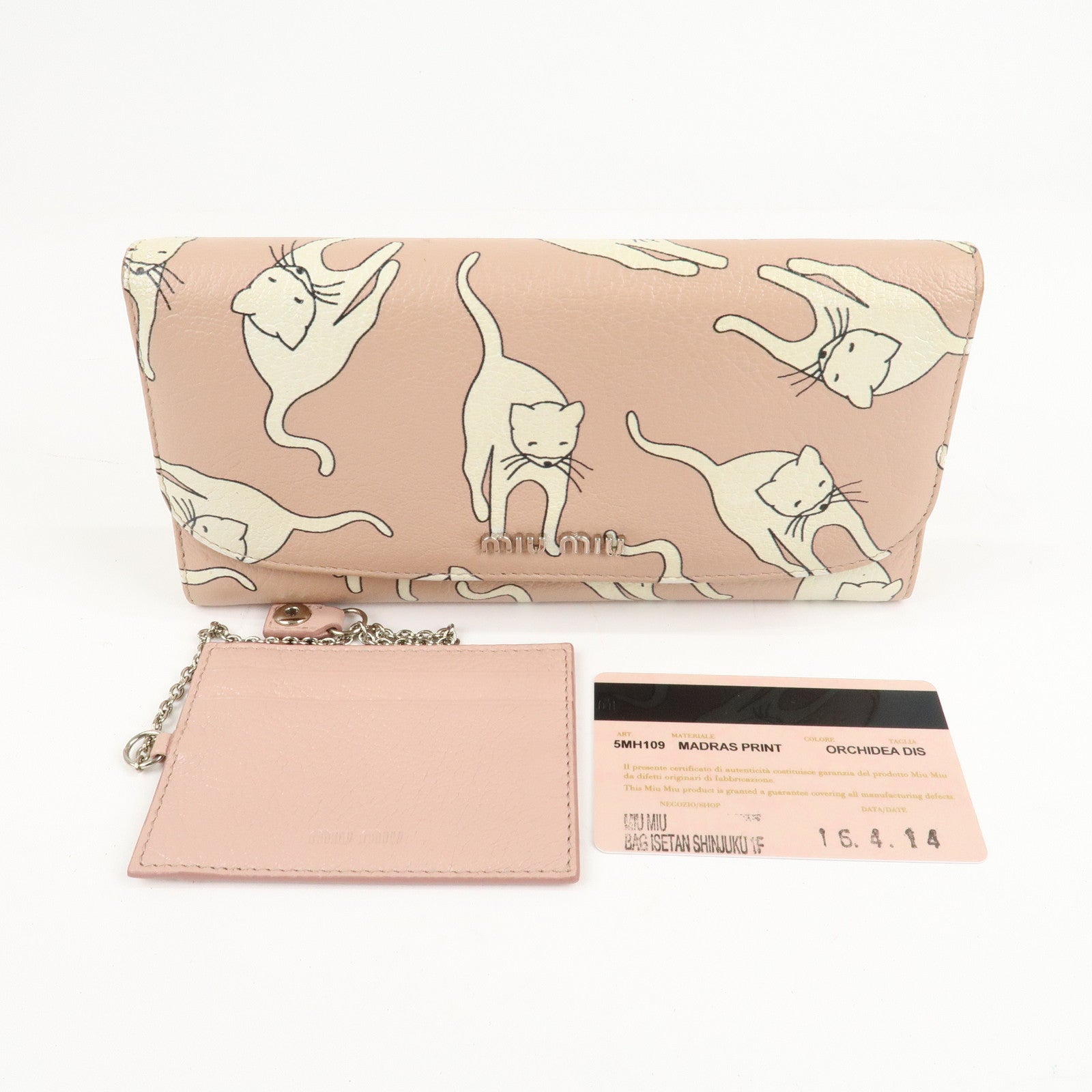 MIU MIU Leather Cat Motif Long Wallet Pink Beige 5MH109