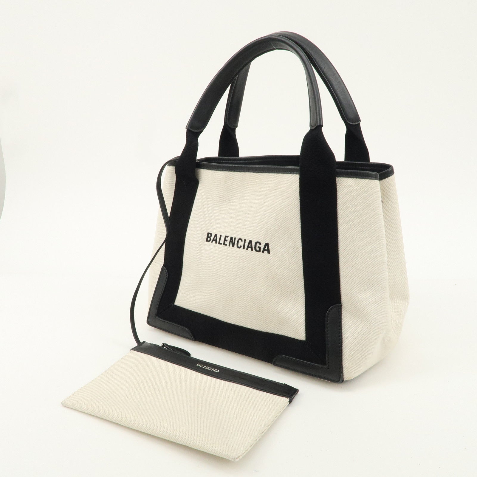 BALENCIAGA Navy Cabas S Canvas Leather Tote Bag Ivory Black 339933