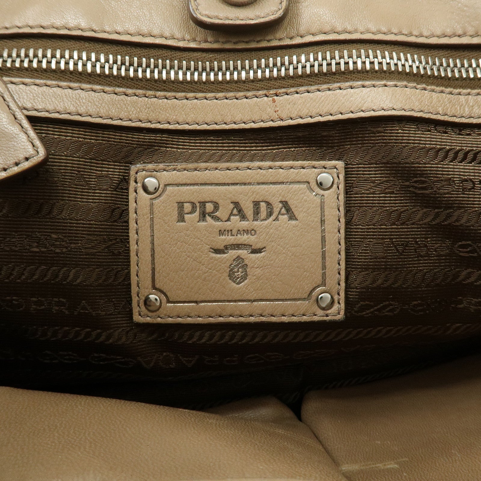 PRADA Logo Leather Gather Hand Bag Tote Bag Beige Silver HDW