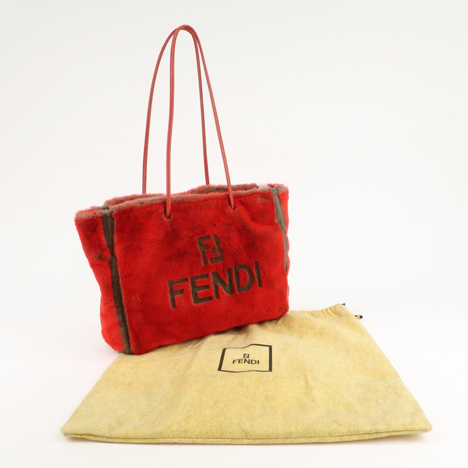 FENDI Leather Fake Fur Shoulder Bag Tote Bag Red