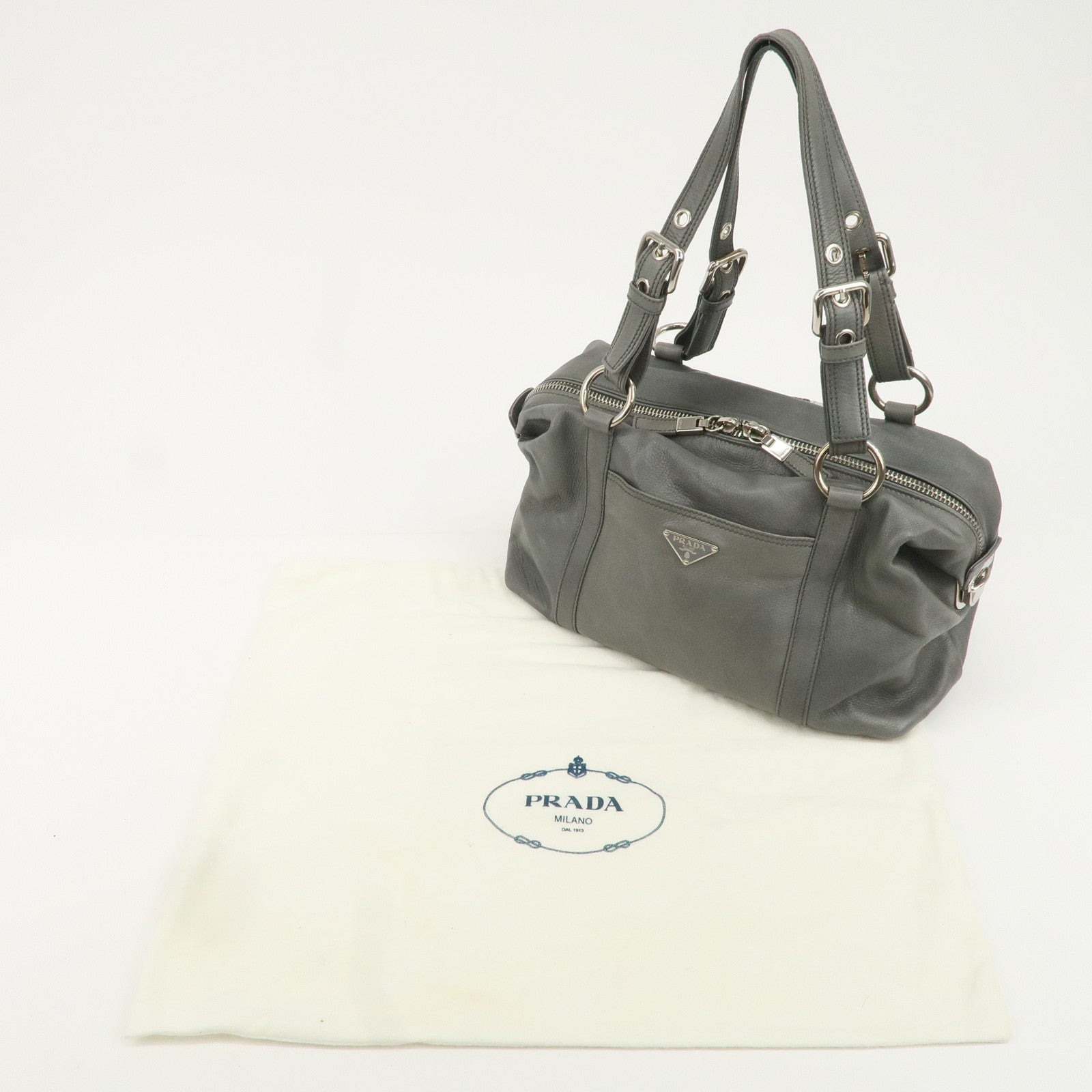 PRADA Leather Boston Bag Shoulder Bag Gray Silver Hardware