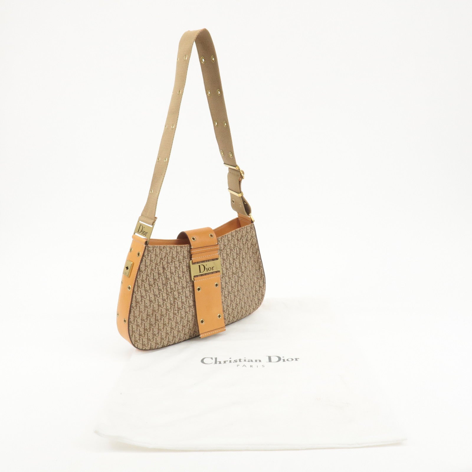 Christian Dior Trotter Canvas Leather Shoulder Bag Beige Brown