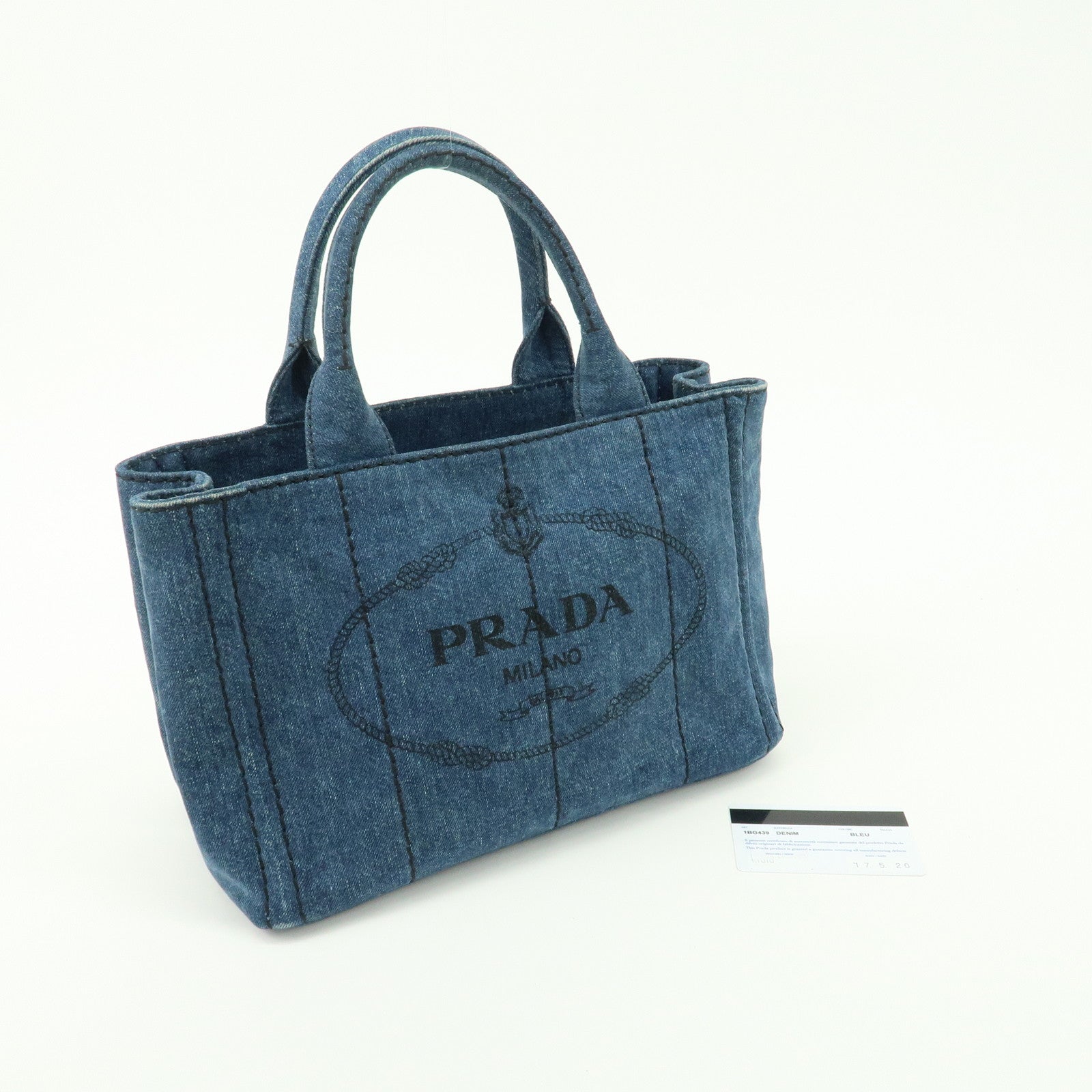 PRADA Logo Canapa Mini Denim Tote Hand Bag Blue 1BG439